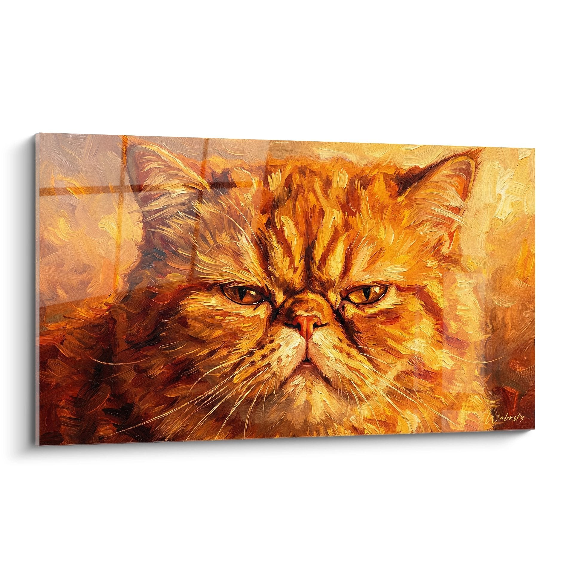 Quadro ritratto gatto Exotic Shorthair con colori dorati e arancioni, stile impressionista su tela