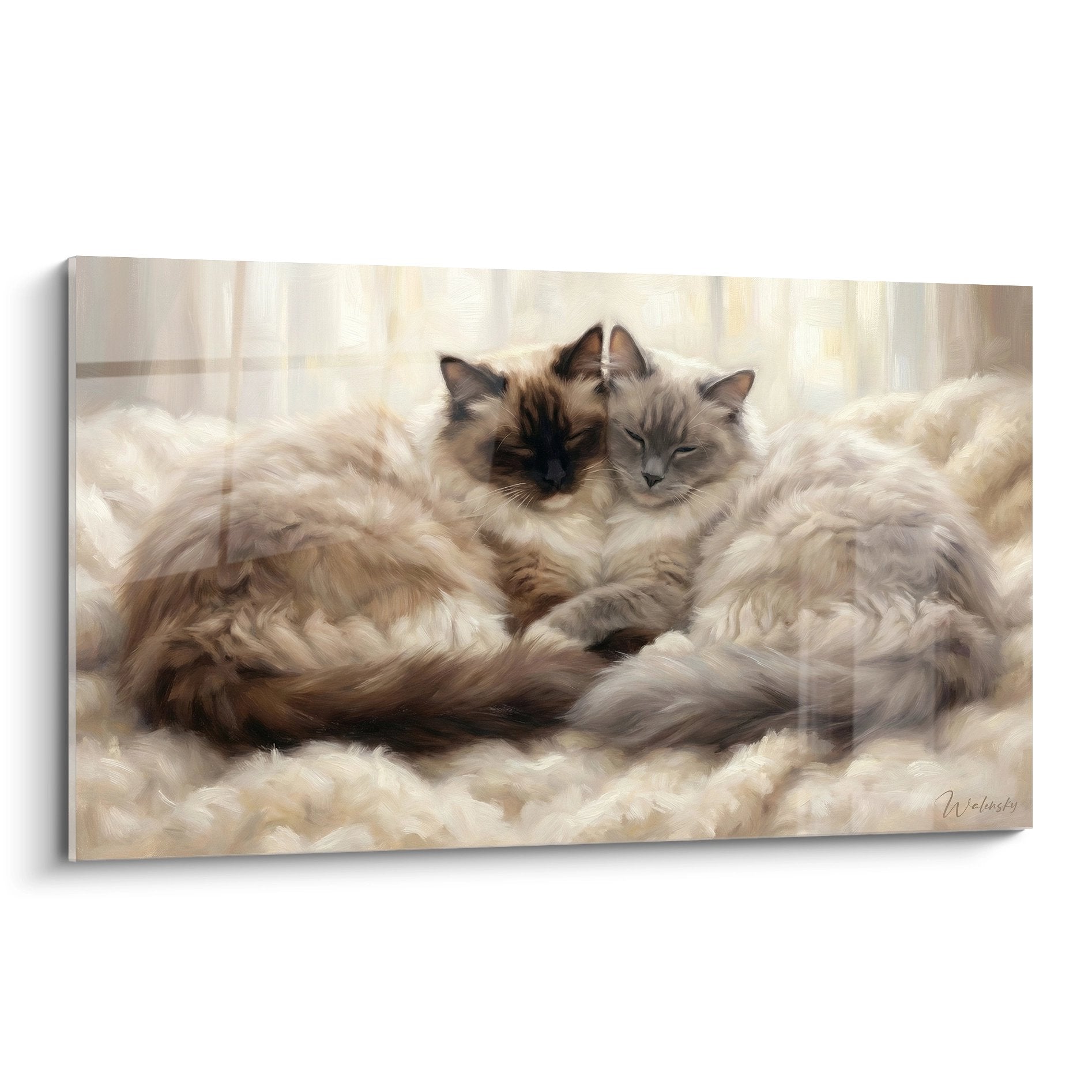 Quadro artistico che raffigura due gatti Ragdoll abbracciati teneramente su uno sfondo di nuvole bianche e dorate