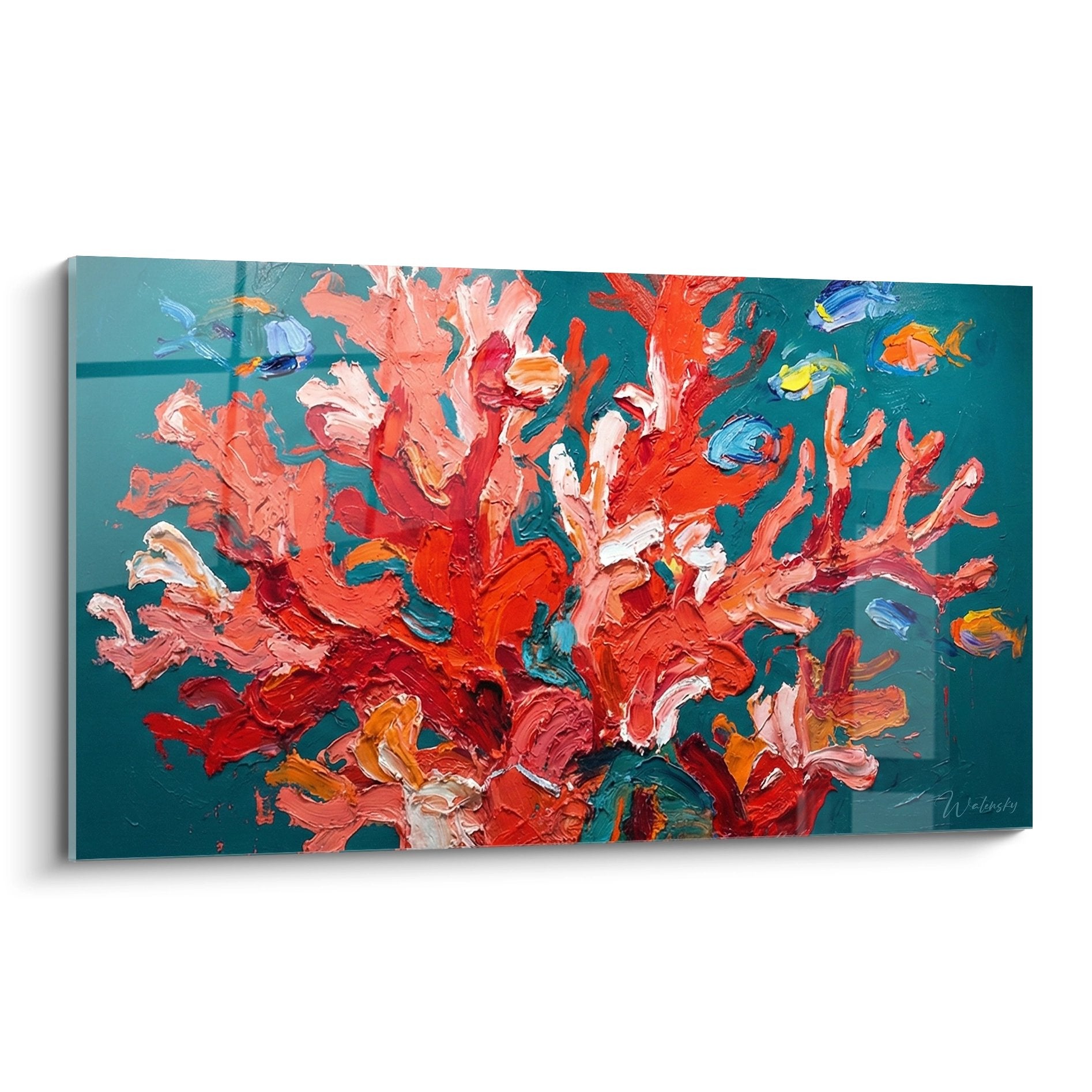Tableau corail rouge vibrant sur fond bleu océan, peinture abstraite marine aux couleurs chaudes