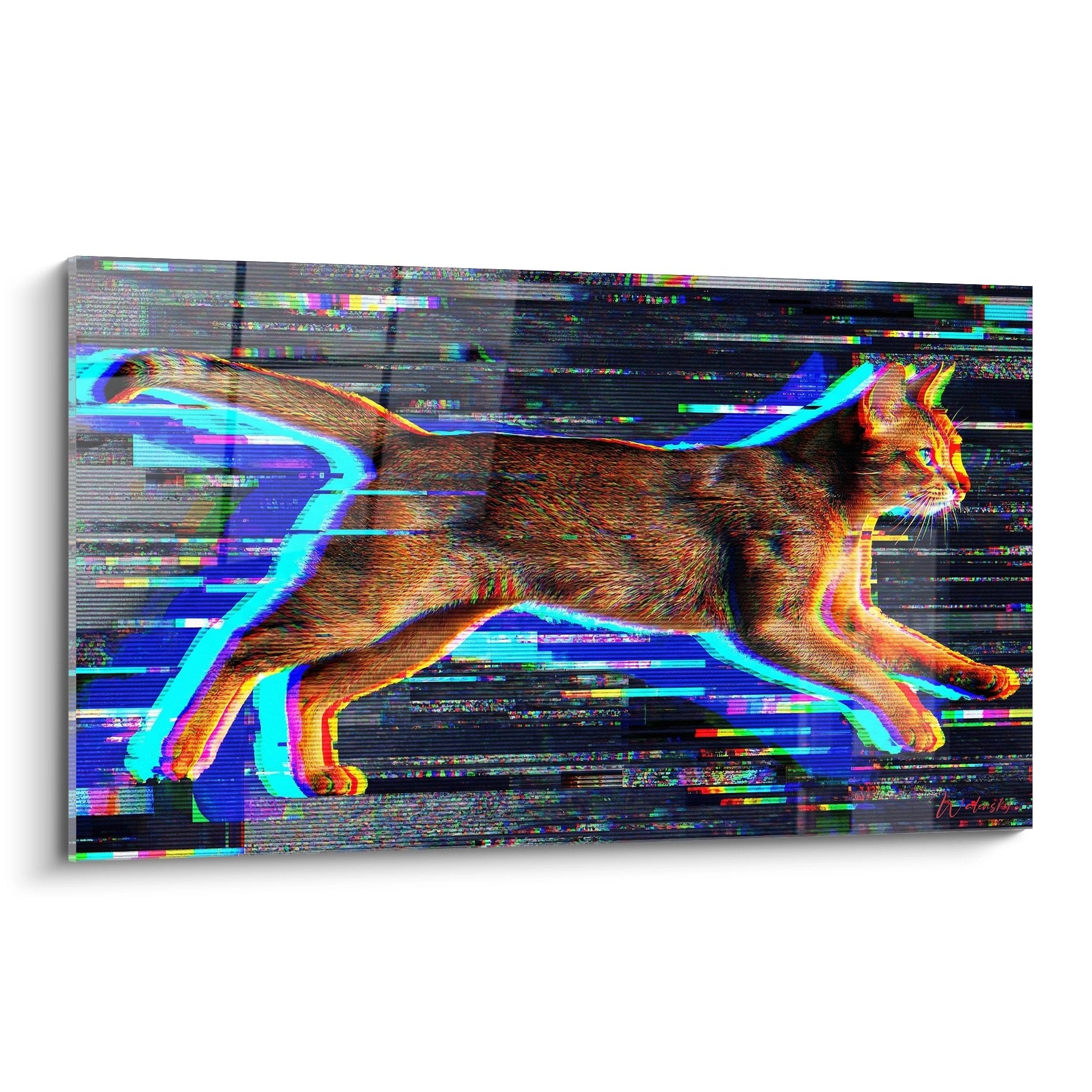 Tableau chat Abyssin avec effet glitch art numérique, traînées colorées cyan magenta sur fond digital