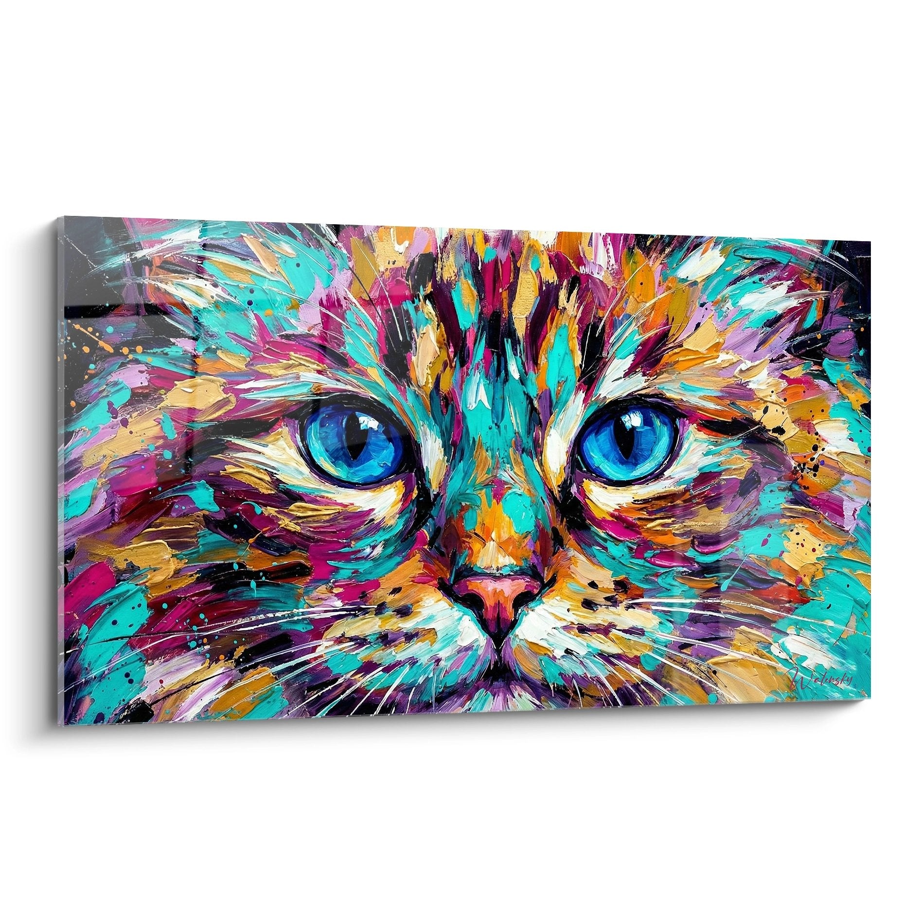 Modernes Gemälde einer birmanischen Katze in leuchtenden Farben, abstrakter Stil mit durchdringenden blauen Augen