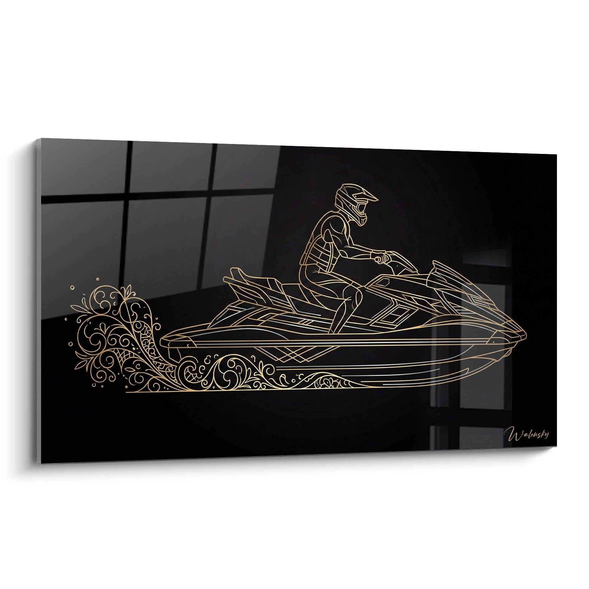 Quadro moderno moto d'acqua dorato stile lineart su sfondo nero con motivi decorativi di onde