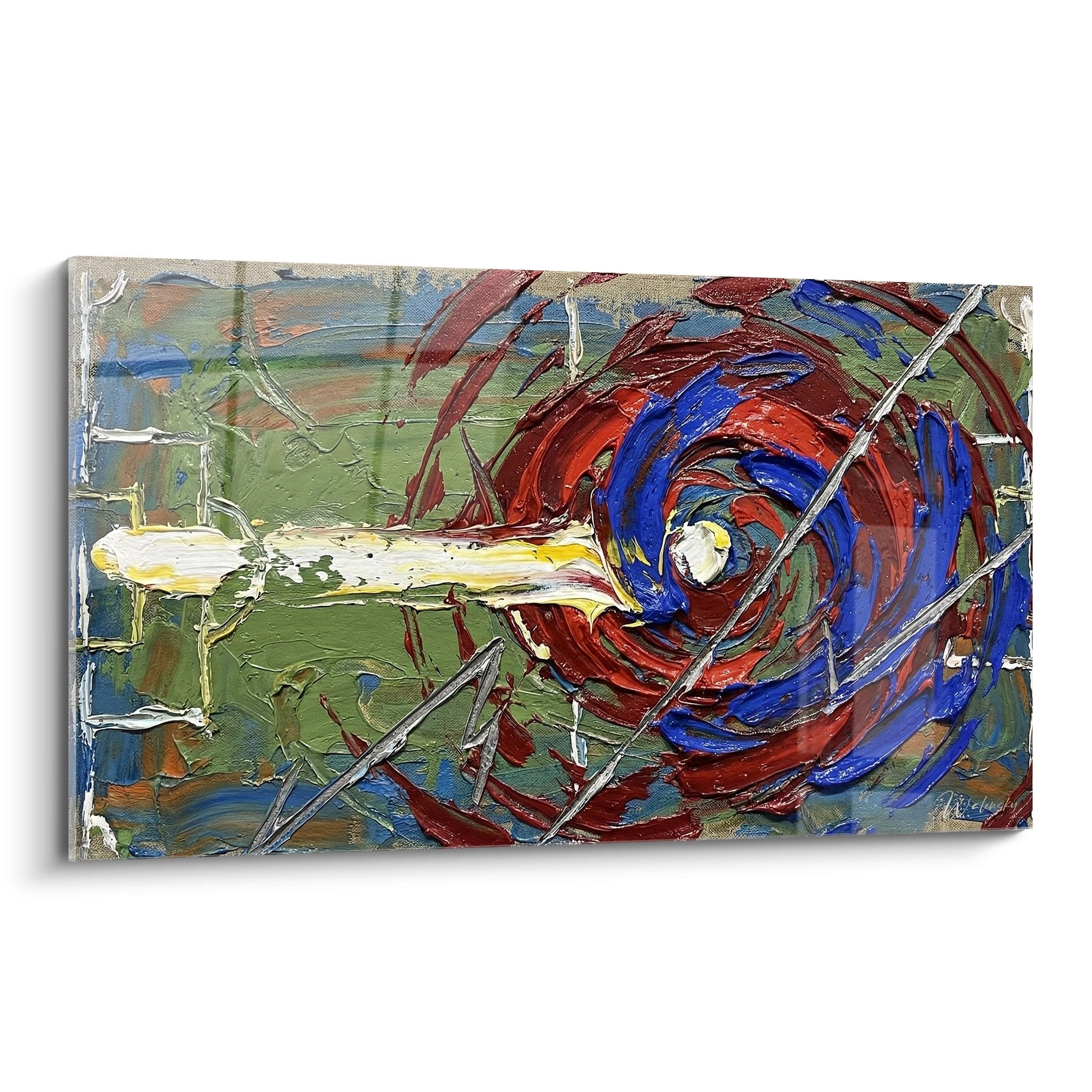 Tableau abstrait moderne représentant l'univers du babyfoot avec tourbillon rouge et bleu sur fond vert