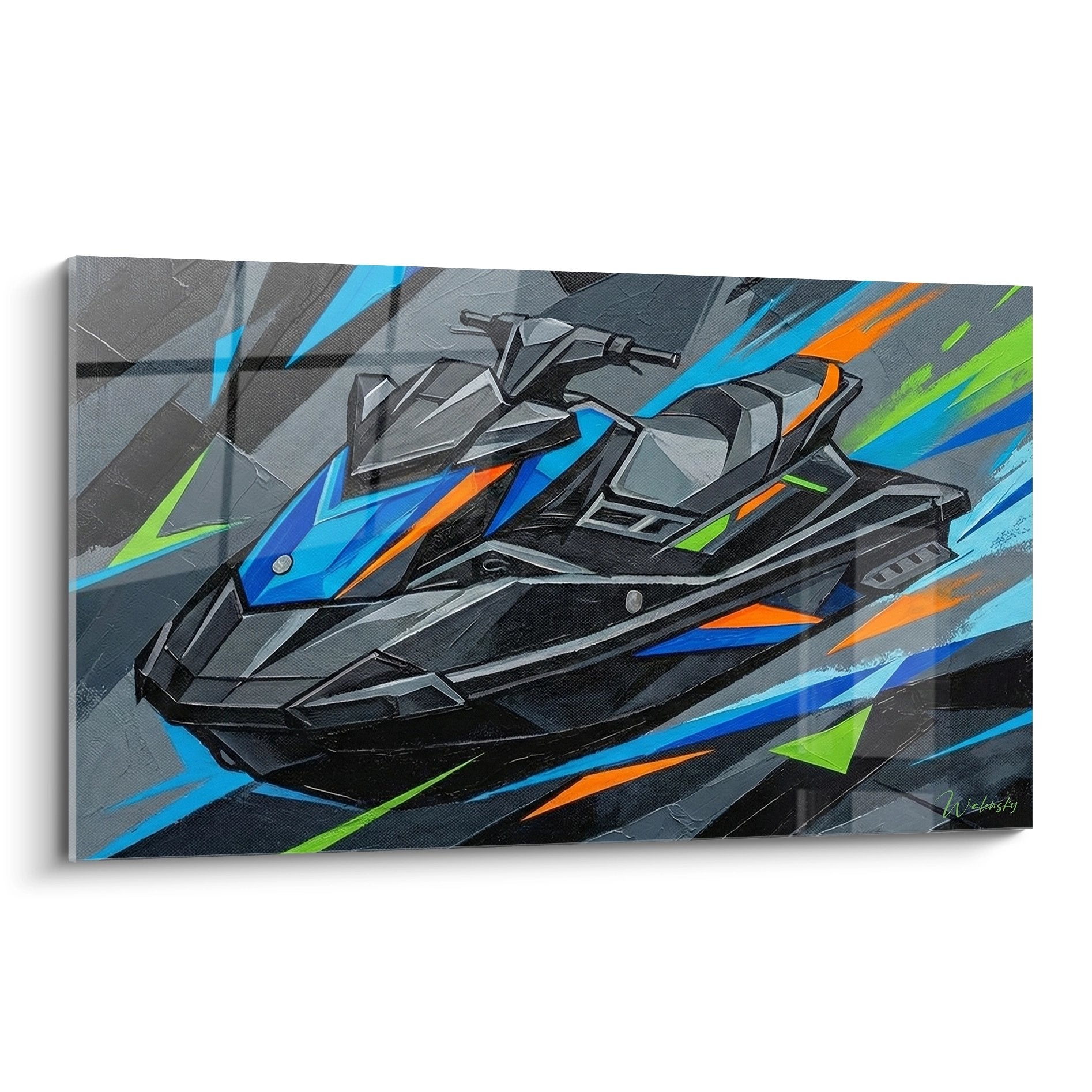 Tableau jetski style graffiti urbain avec effets de vitesse bleu orange sur toile moderne