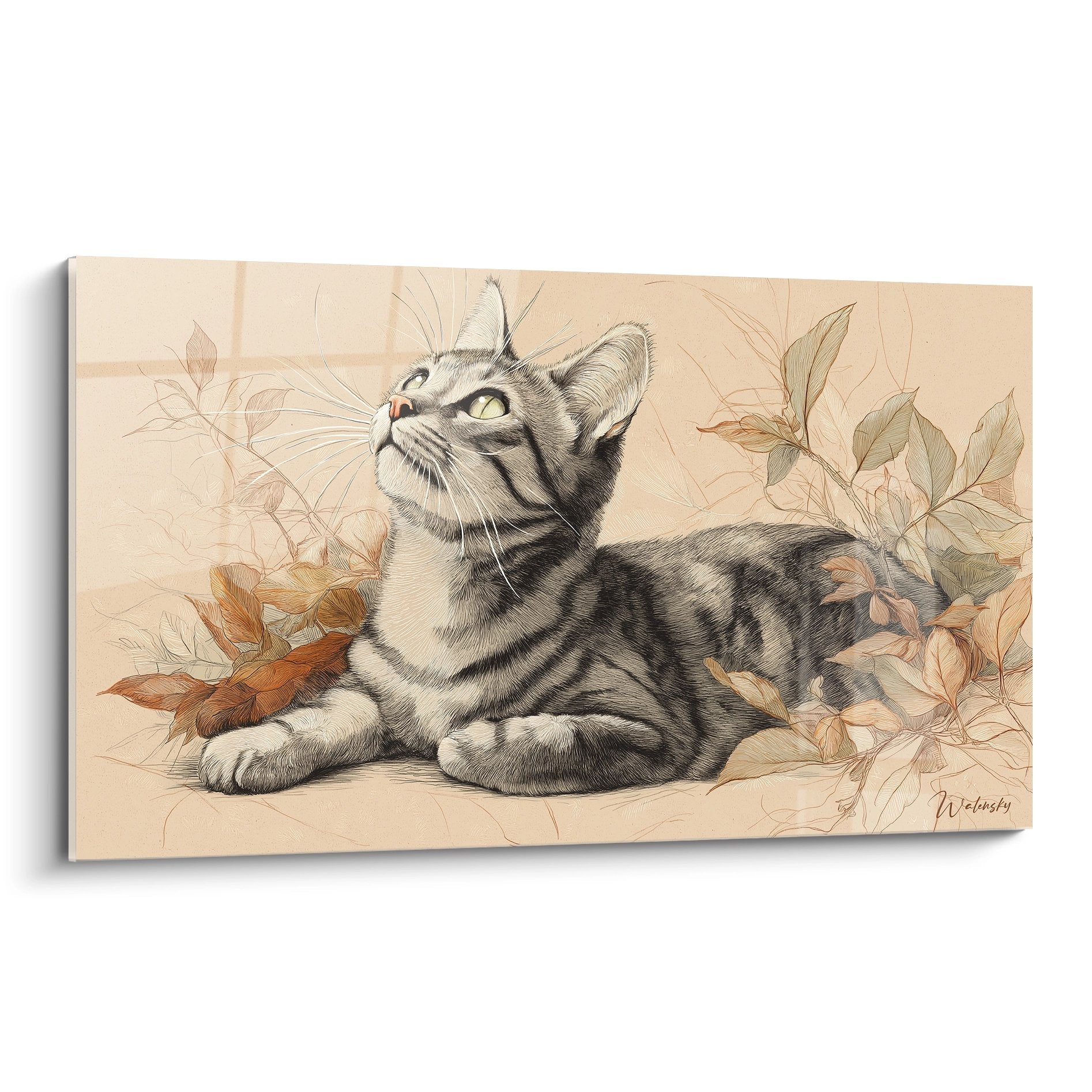 Tableau artistique chat American Shorthair tigre contemplant parmi feuilles automne tons beiges et ocres