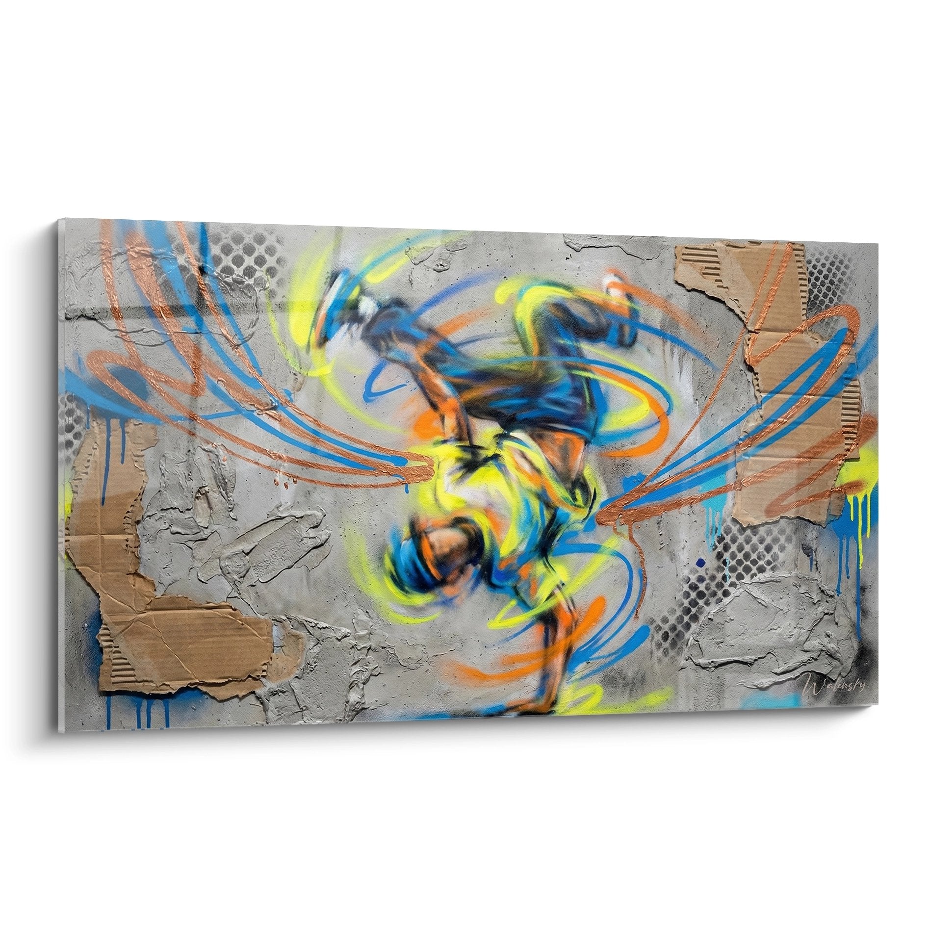 Quadro astratto danza contemporanea con colori vivaci blu arancione giallo su sfondo grigio texture rilievo