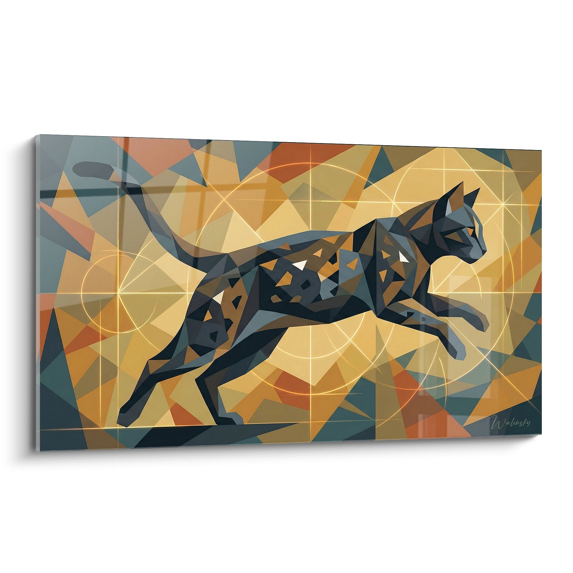 Modern cat painting Egyptian Mau stylized in polygonal geometric art warm tones dynamic movement
