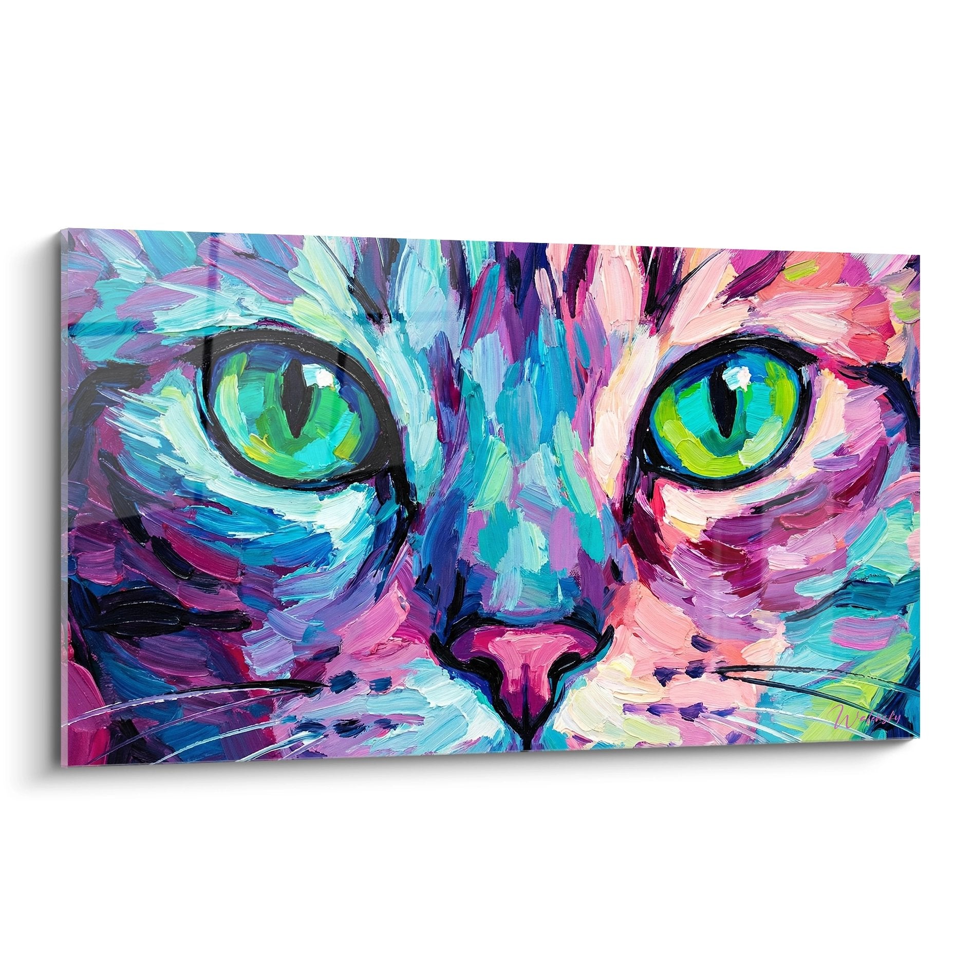 Künstlerisches buntes Gemälde, das eine Katze mit smaragdgrünen Augen im modernen expressionistischen Stil darstellt
