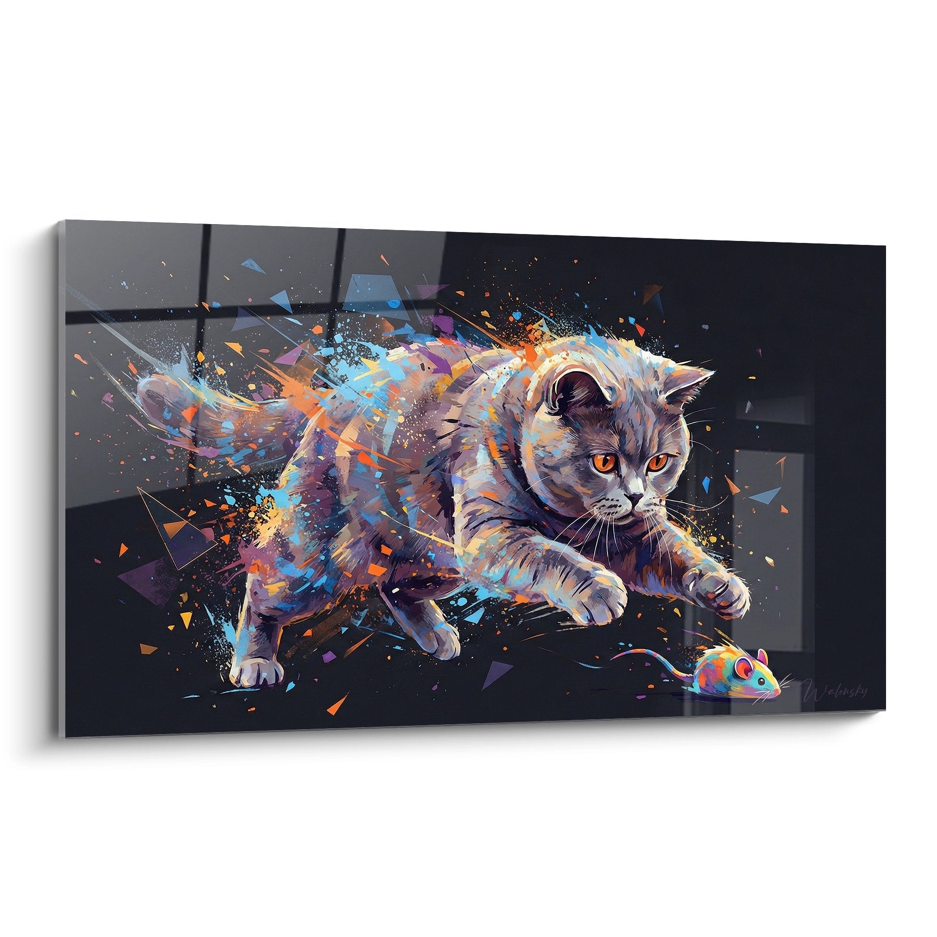 Quadro arte digitale gatto British shorthair grigio con esplosione di colori arancioni e blu su sfondo scuro