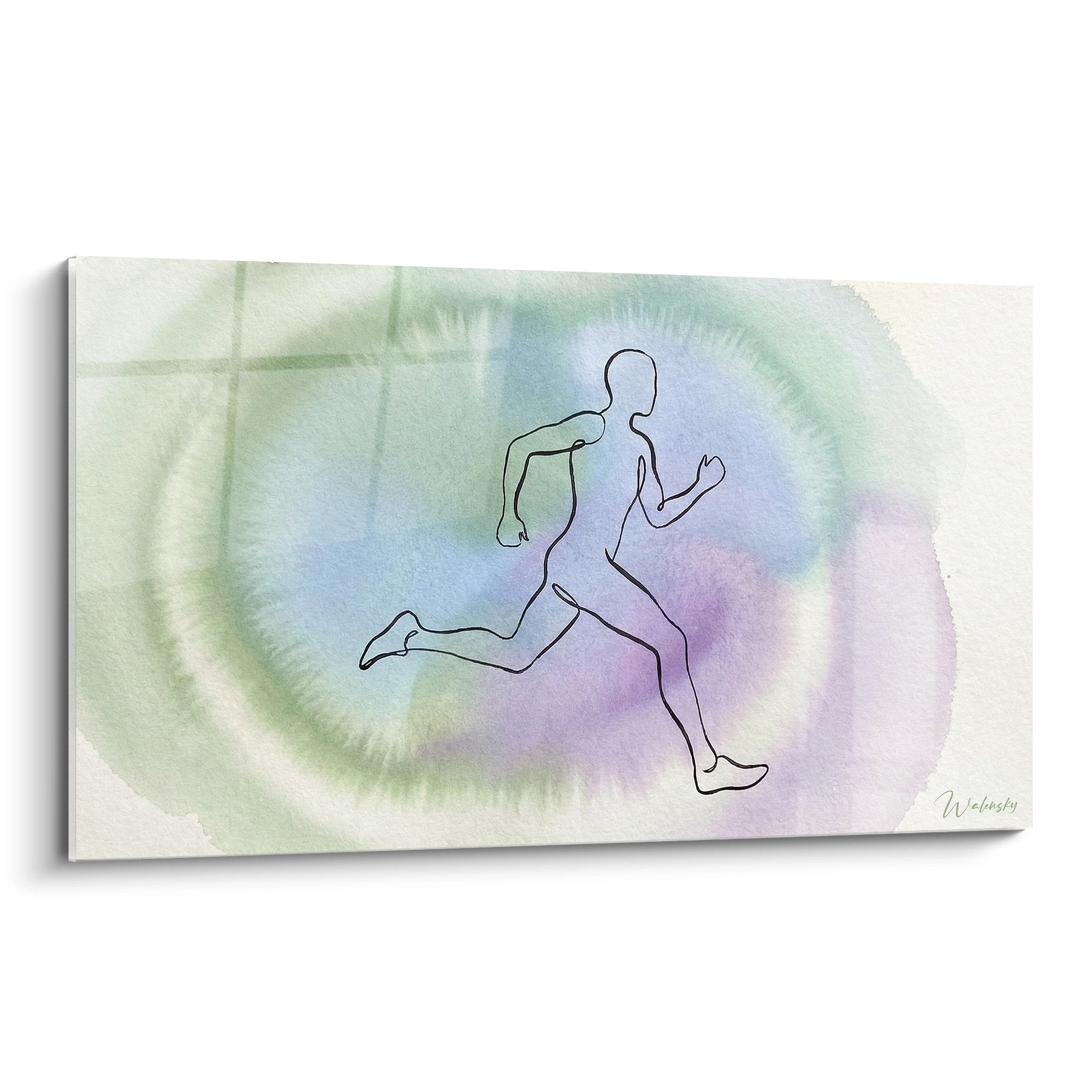 Quadro da parete che rappresenta un corridore stilizzato in movimento su sfondo acquerello pastello verde blu viola