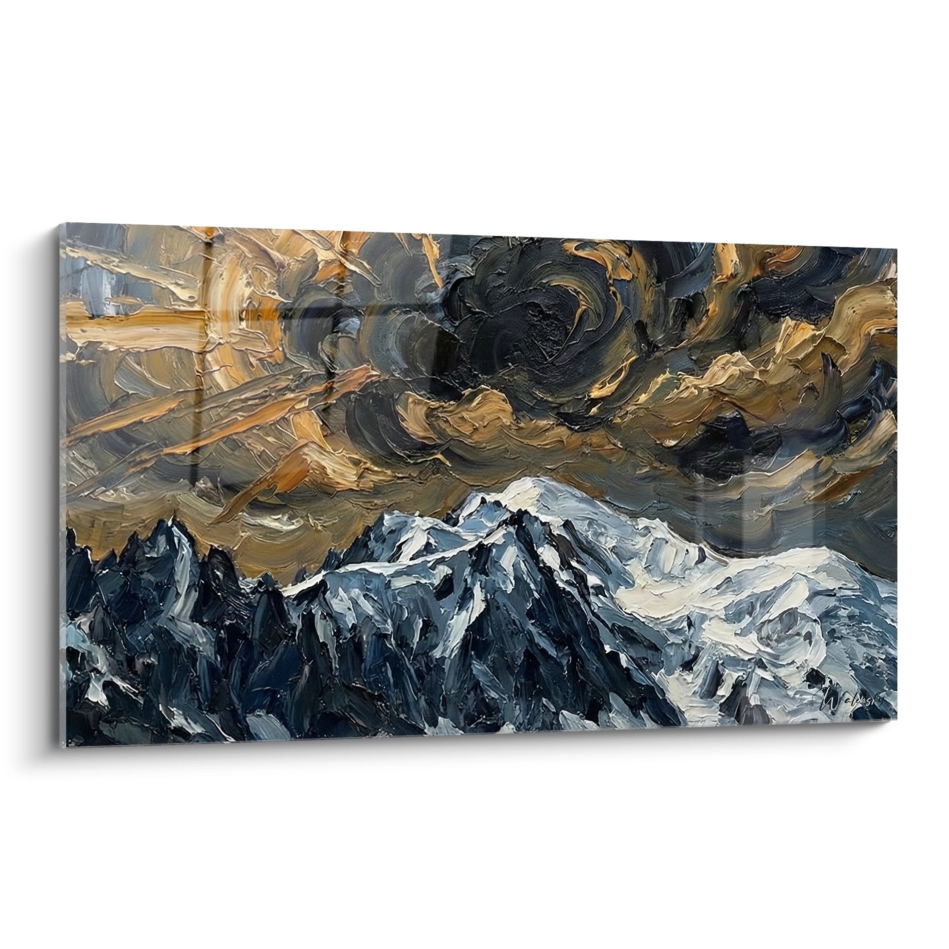 Oil painting mountain snowy landscape with golden stormy sky impressionist style wall art decoration