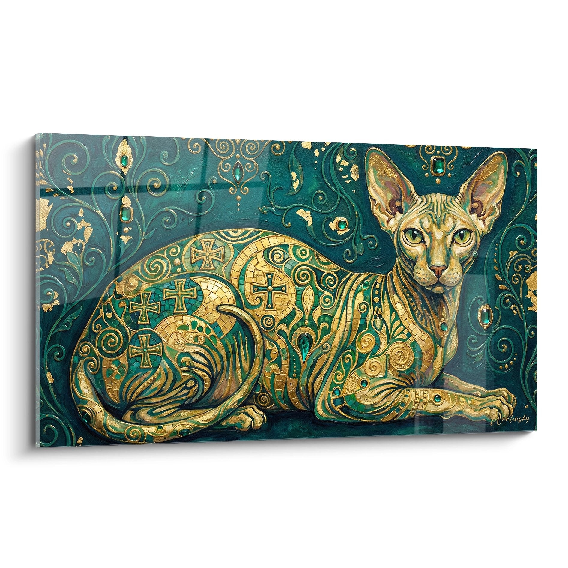 Quadro decorativo gatto Peterbald ornato di motivi bizantini dorati su fondo verde smeraldo con croci e spirali