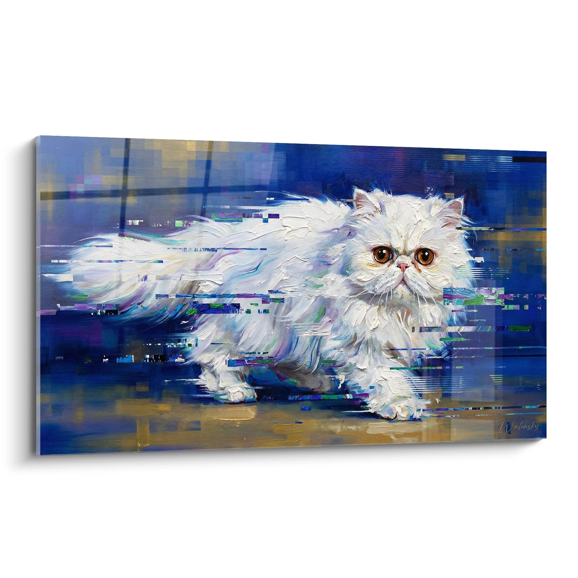 Digitales Kunstwerk Persische weiße Katze mit goldenen Augen und blauem Glitch-Effekt auf moderner Leinwand