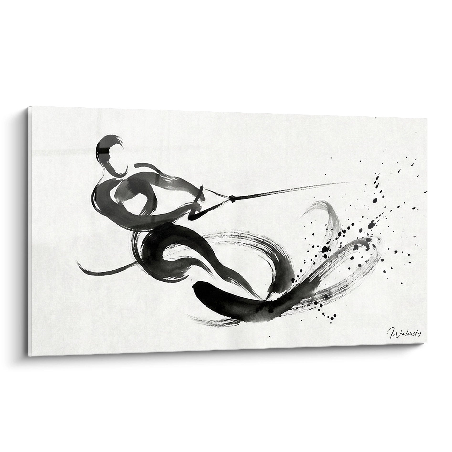 Tableau ski nautique abstrait noir et blanc montrant un skieur stylise en mouvement avec gerbes d'eau