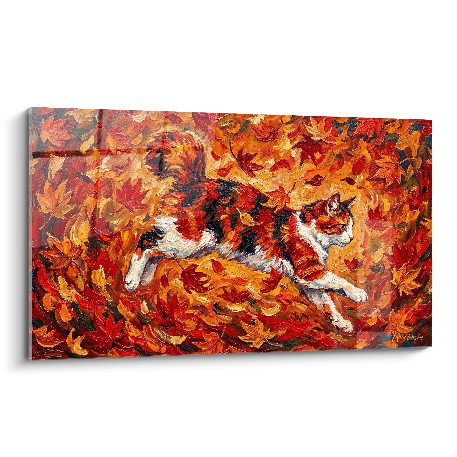 Impressionist painting Japanese Bobtail cat playing in autumn leaves warm colors red orange