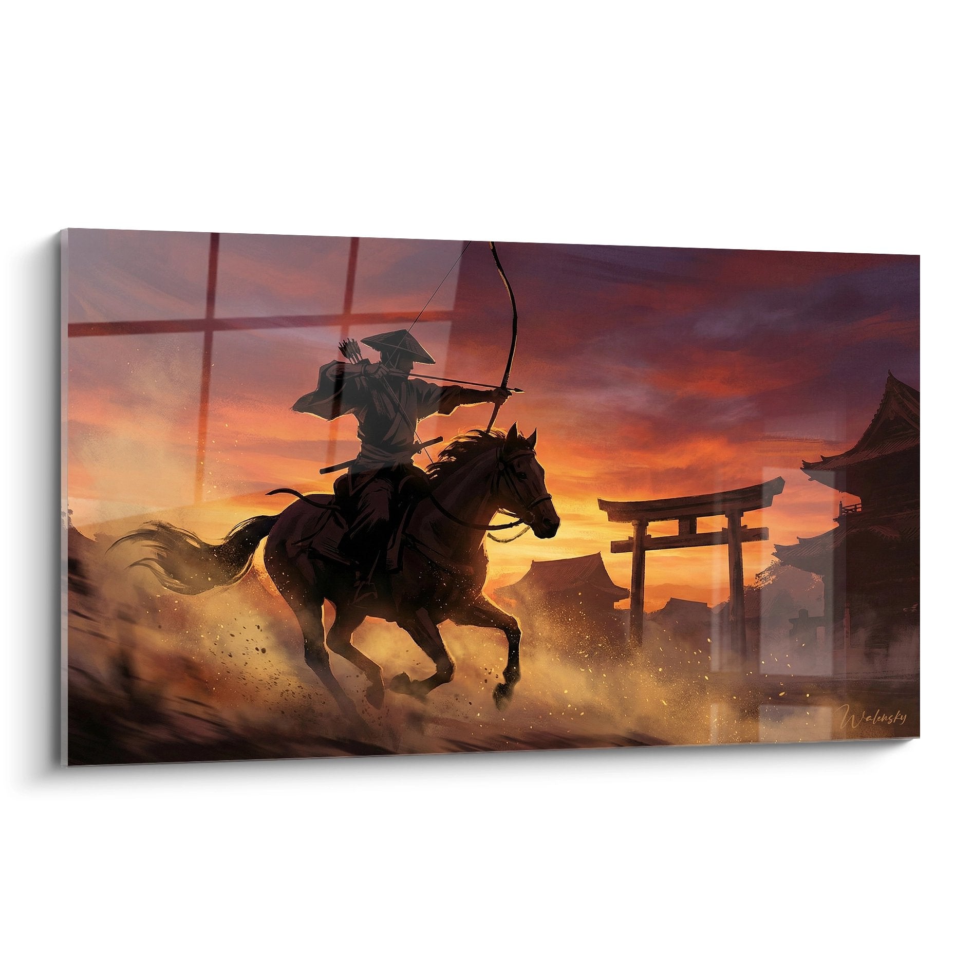 Quadro arciere samurai a cavallo che pratica il kyudo al tramonto con torii giapponese sullo sfondo