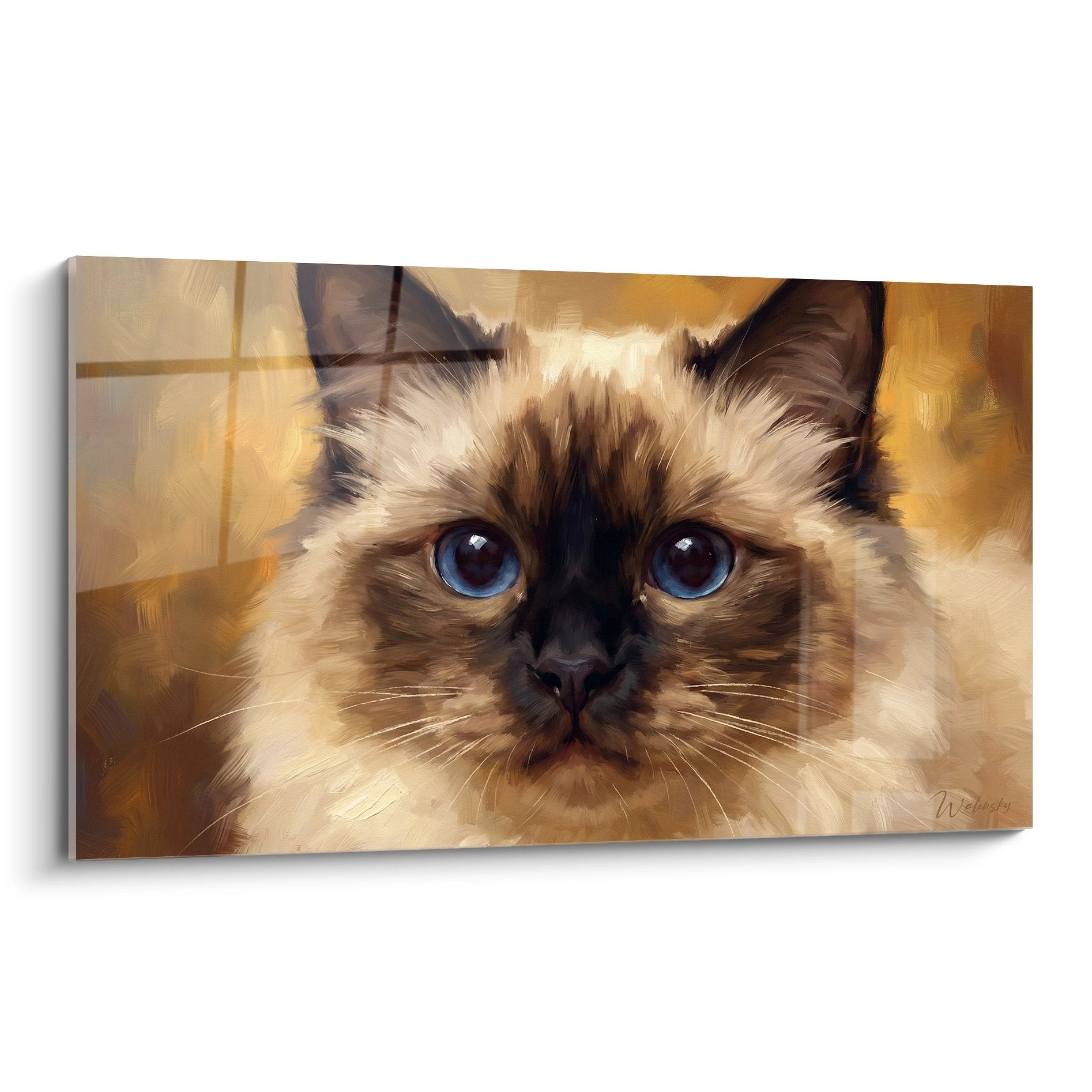 Quadro pittura gatto birmano con magnifici occhi blu penetranti su fondo dorato, arte murale felina di qualità