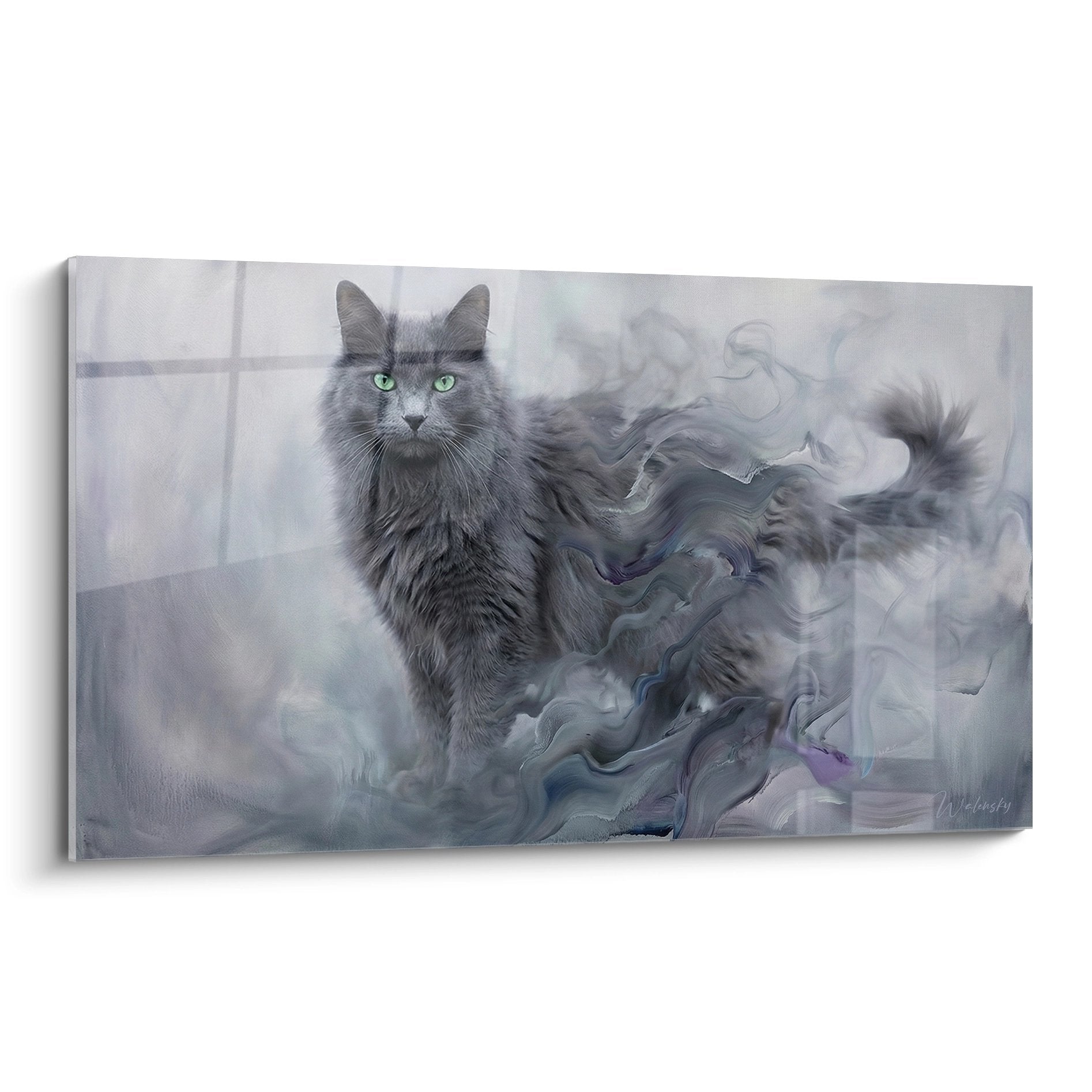 Quadro artistico gatto Nebelung grigio con occhi verdi nelle nebbie mistiche, arte murale felina contemporanea
