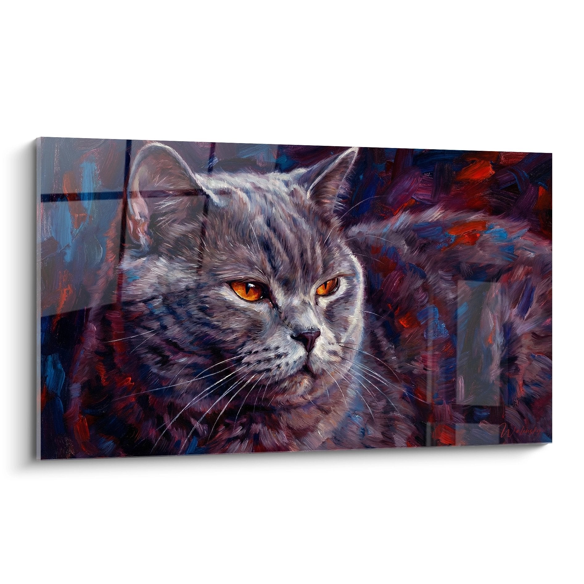 Quadro espressionista British shorthair grigio con occhi ambrati, ritratto artistico colorato per decorazione murale