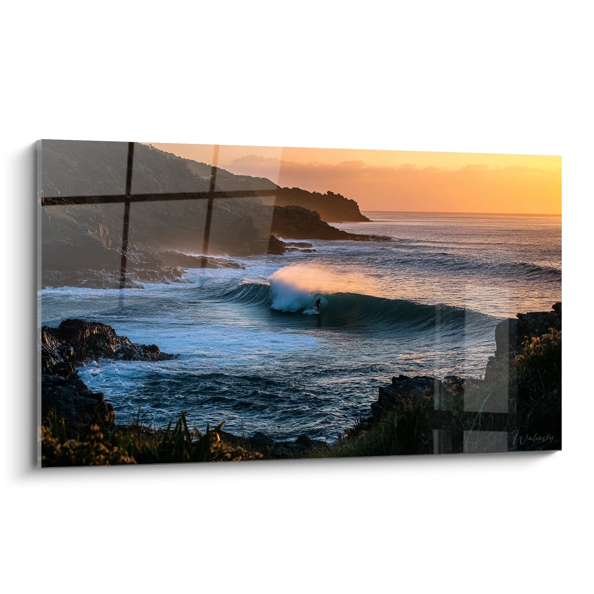 Golden wave sunset painting with rocky cliffs - surf wall art ocean decoration