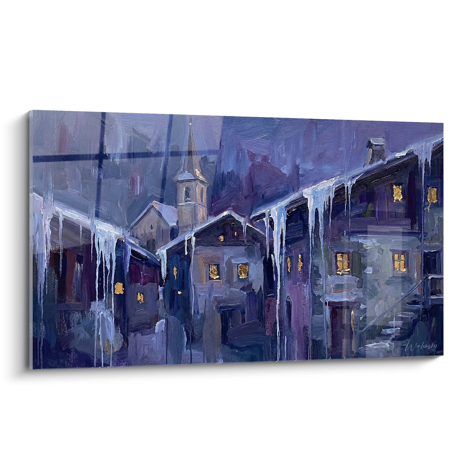 Savoyard village painting under snow with illuminated church and chalets, winter night atmosphere