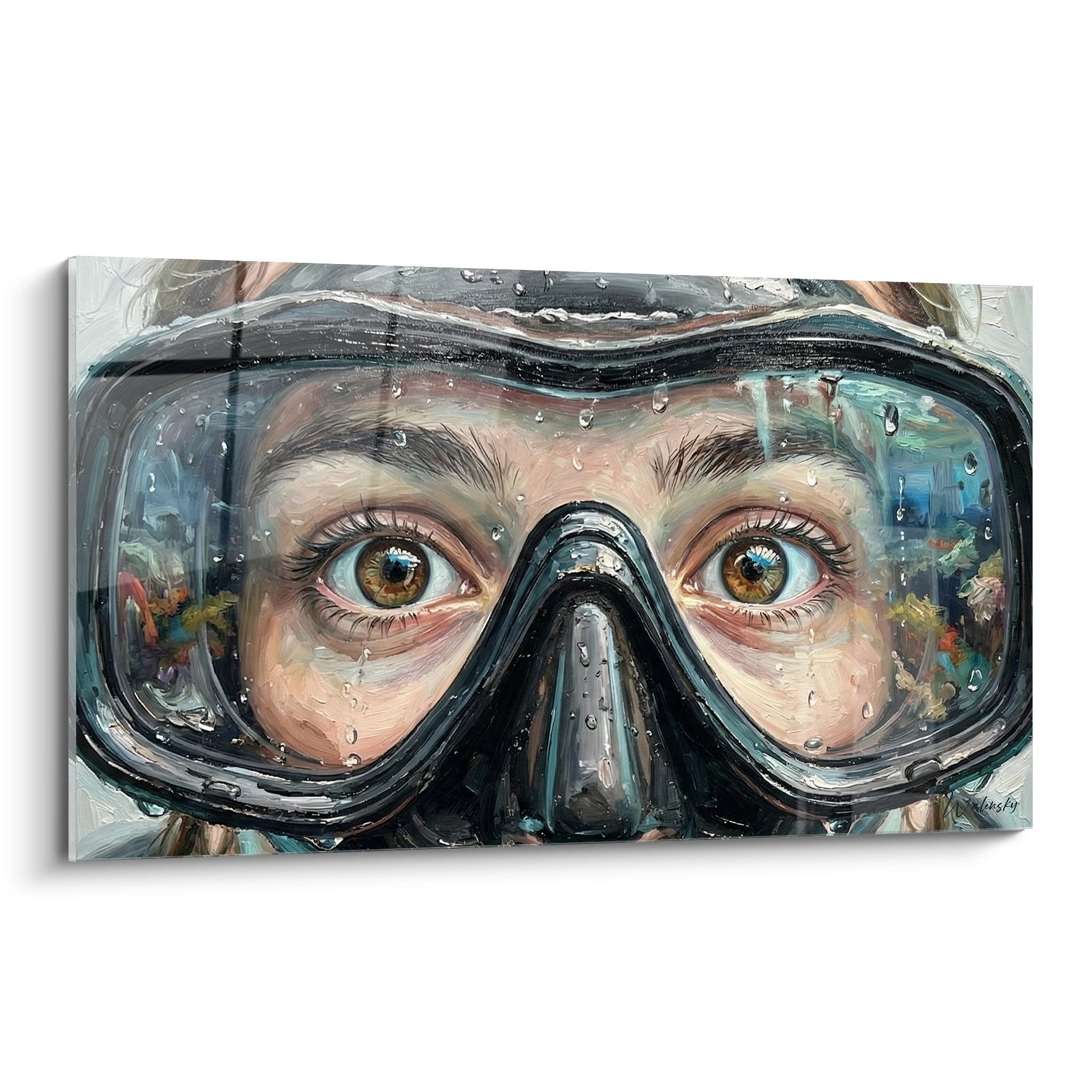 Tableau artistique representant un masque de plongee avec regard expressif et gouttes d'eau realistes