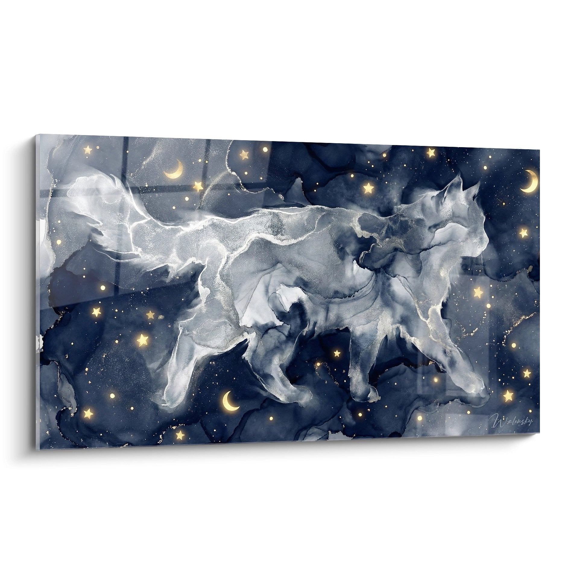 Quadro murale raffigurante un gatto Ragamuffin cosmico con tonalità blu, stelle dorate e lune crescenti