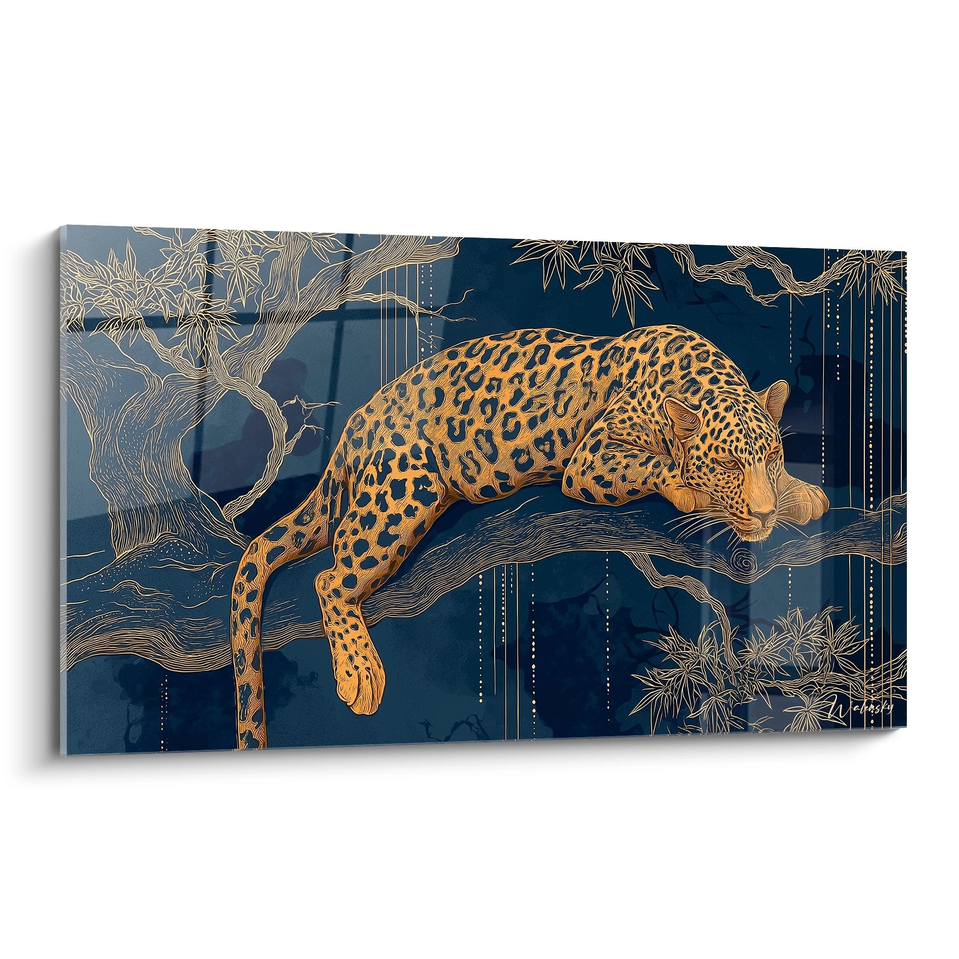 Quadro decorativo leopardo stile Art déco su sfondo blu con motivi dorati, animale disteso su ramo