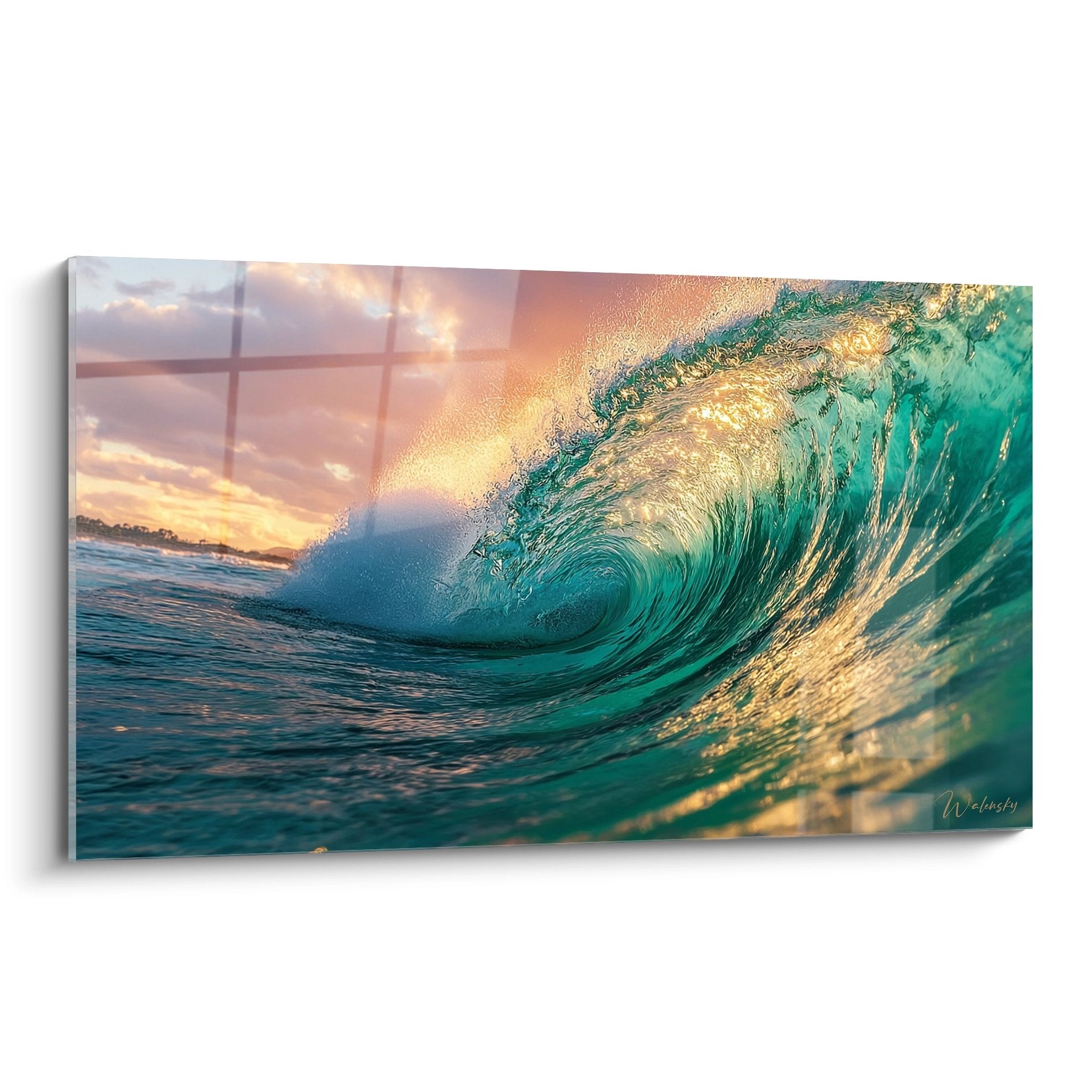 Surfing wave golden sunset perfect barrel tube golden reflections crystal clear water ocean wall art decoration
