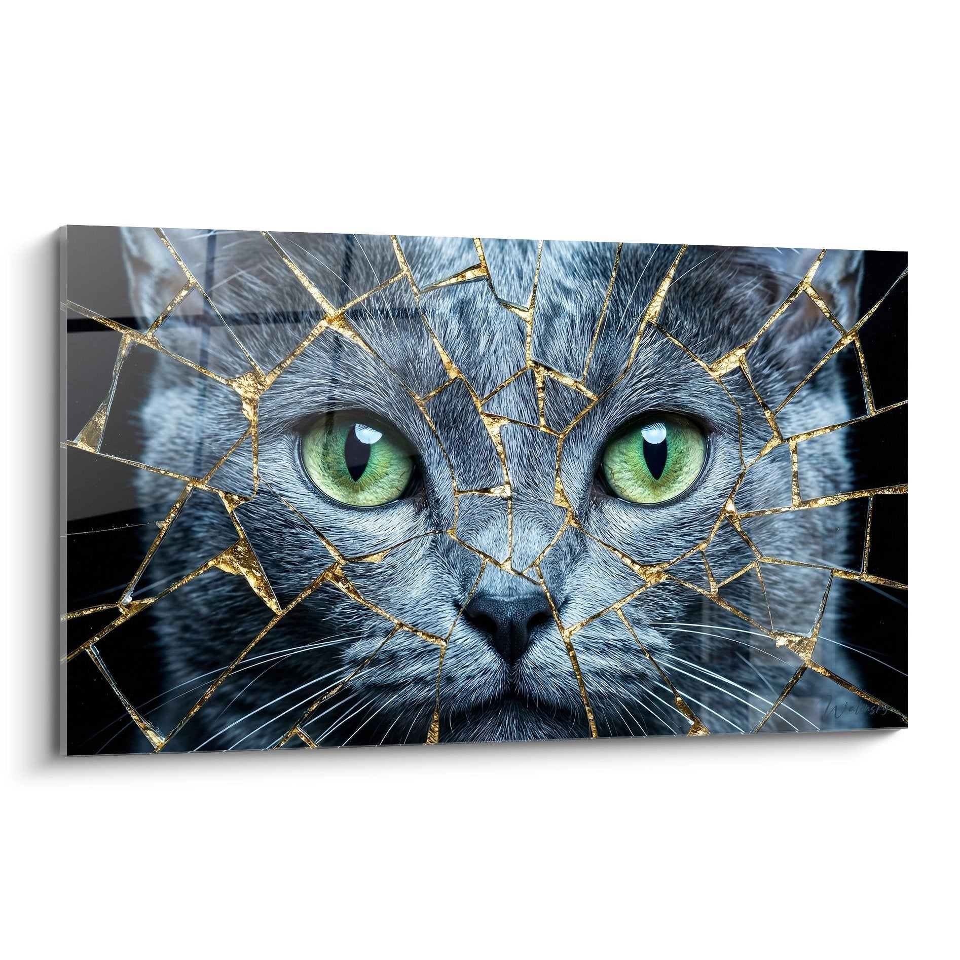 Tableau mural chat Korat gris aux yeux verts avec effet mosaïque dorée brisée sur toile moderne