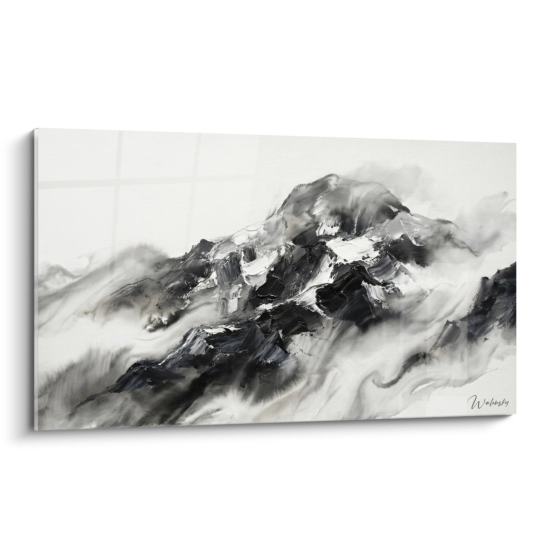 Black and white snowy mountain wall art with rocky peak in clouds modern watercolor style