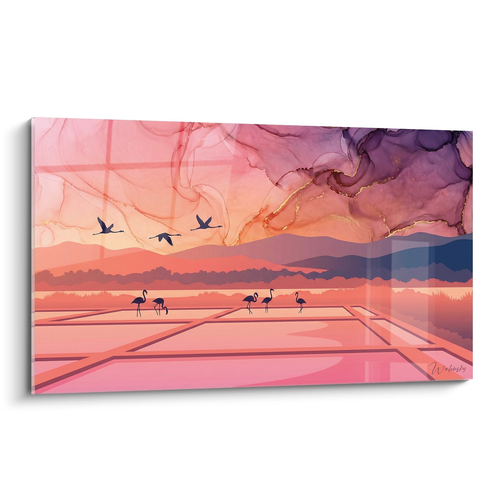 Quadro fenicotteri rosa Camargue tramonto saline art murale decorazione murale uccelli paesaggio