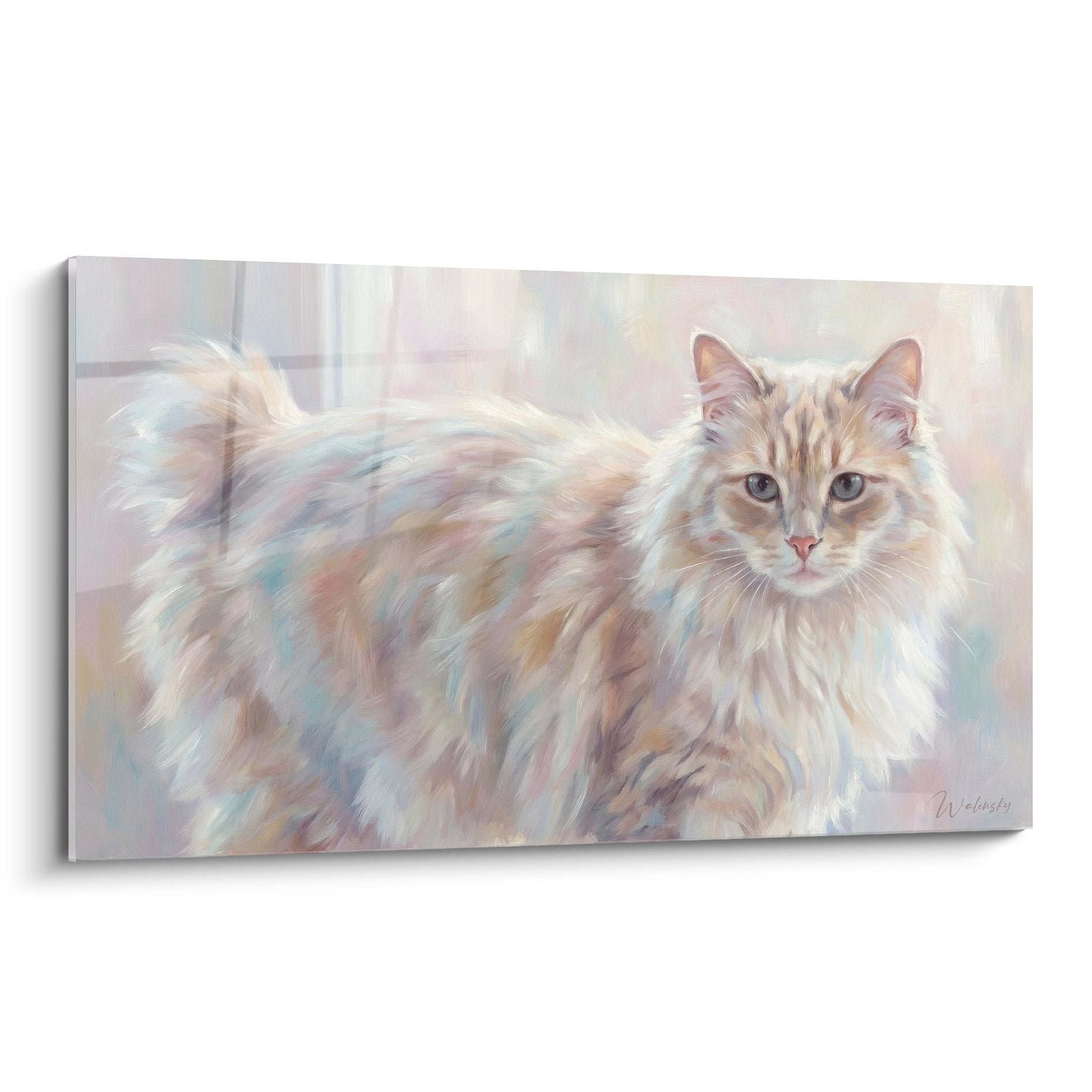 Tableau peinture chat American Bobtail roux aux yeux bleus, tons pastel, art mural félin décoratif