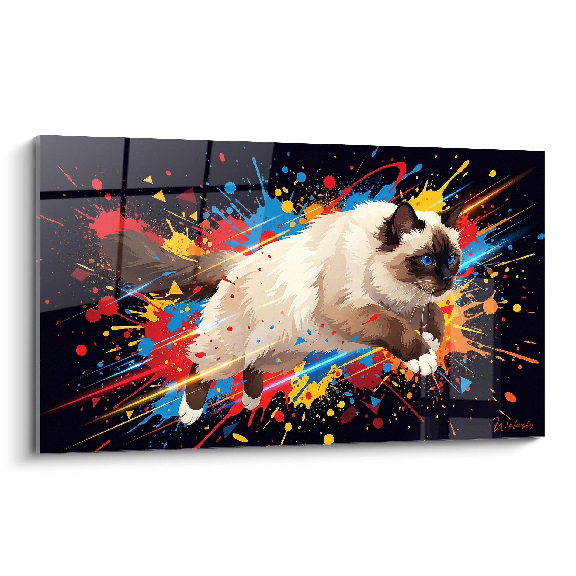 Quadro da parete gatto Birmano con occhi blu su sfondo esplosione di colori rosso blu giallo stile artistico moderno