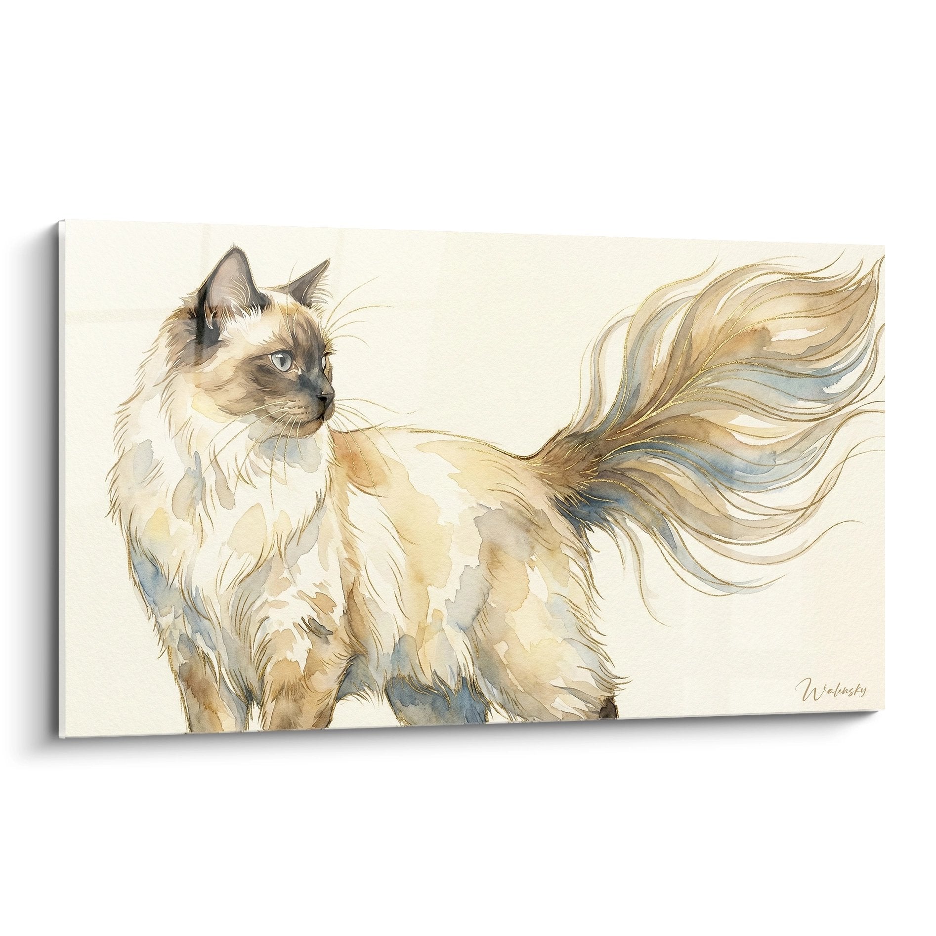 Tableau aquarelle chat Balinais cream point aux yeux bleus en mouvement sur fond beige clair