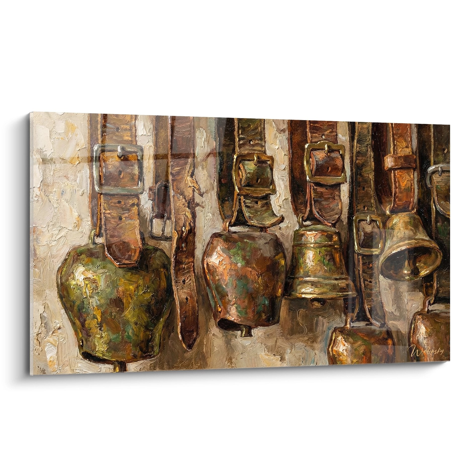 Painting depicting a collection of antique Savoyard pottery in ochre and copper tones