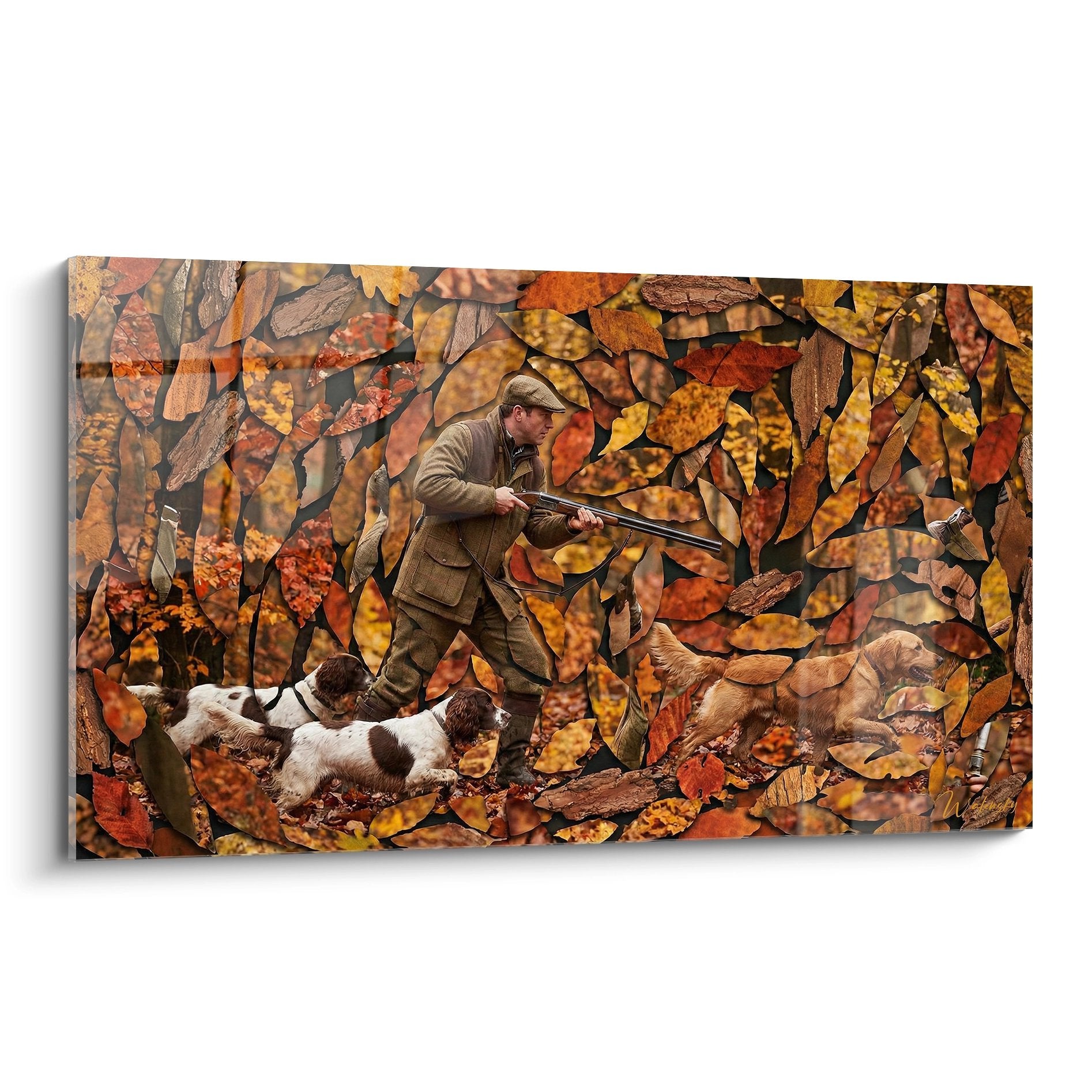 Tableau chasseur en tenue traditionnelle avec chiens d'arrêt dans forêt automnale aux feuillages colorés