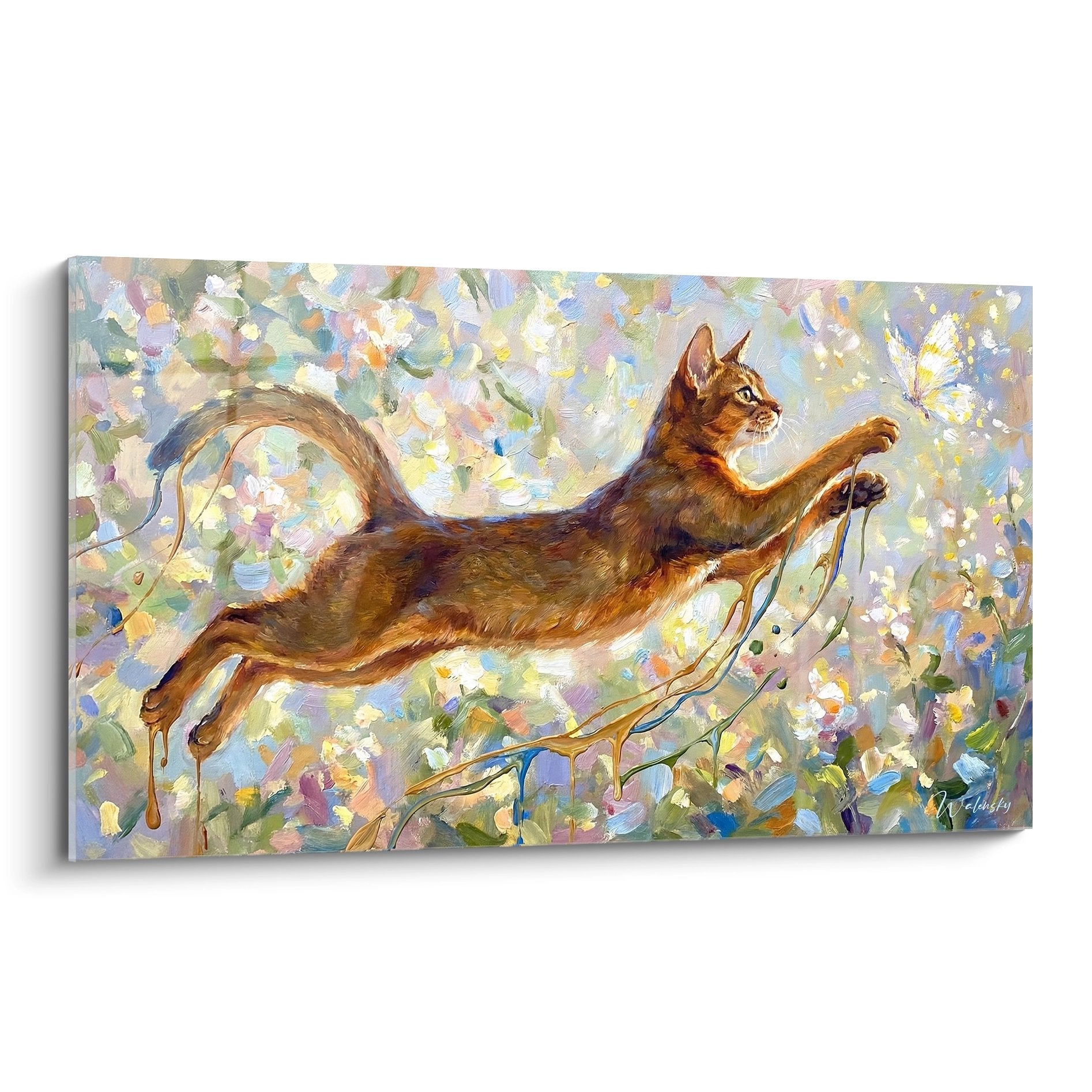 Tableau impressionniste d'un chat Abyssin roux en plein saut sur fond coloré multicolore