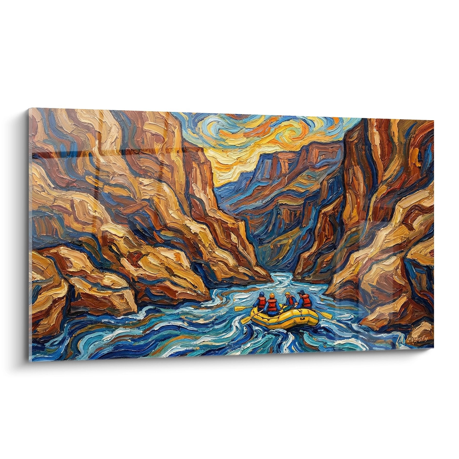 Tableau rafting dans canyon avec équipe sur radeau gonflable jaune naviguant rapides entre parois rocheuses style Van Gogh
