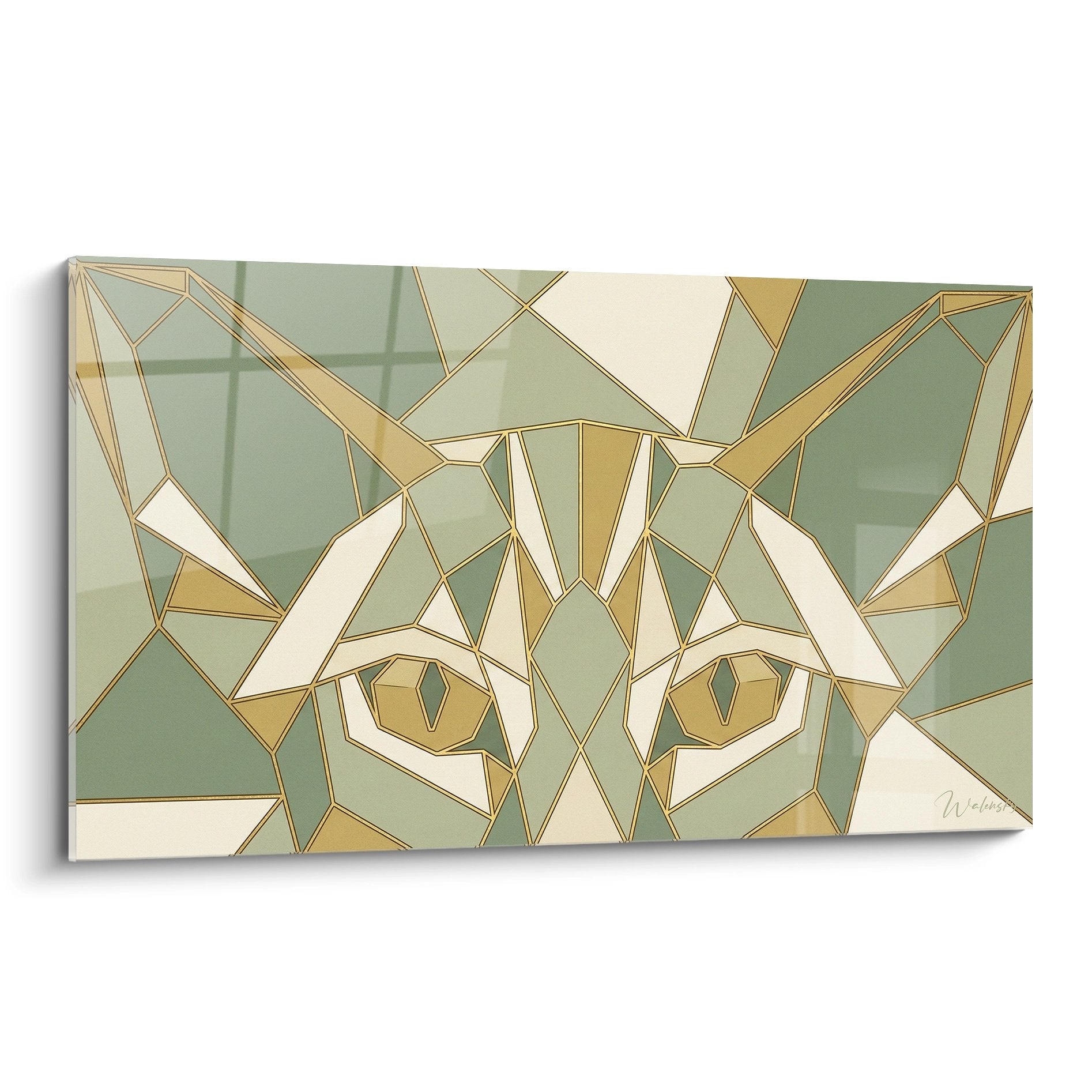 Oriental Shorthair cat wall art geometric polygonal style green gold tones modern art