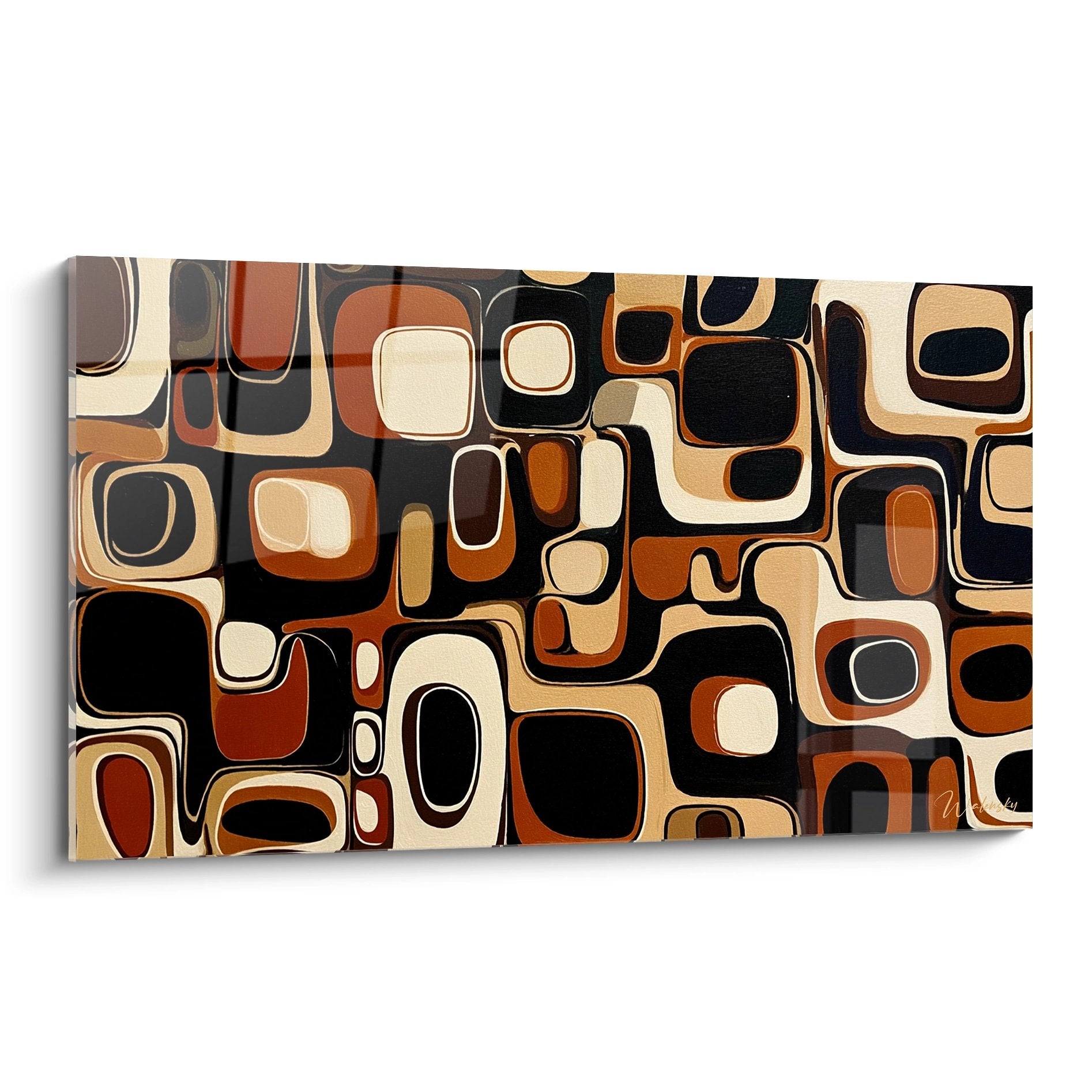 Quadro murale astratto africano con forme geometriche colorate in tonalità terra, arancione e nero su tela