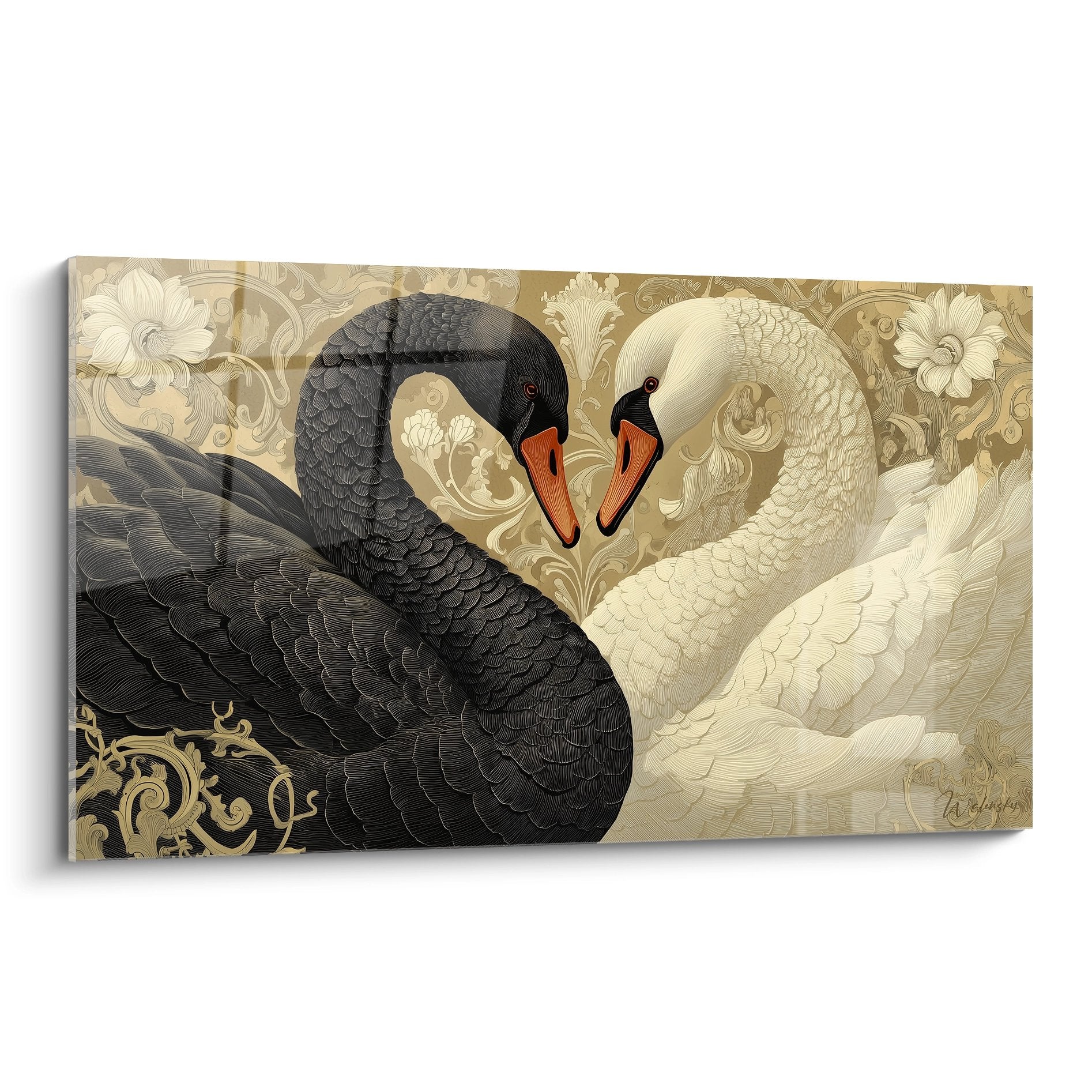 Quadro art déco raffigurante due cigni bianco e nero in danza romantica su sfondo di motivi floreali dorati vintage