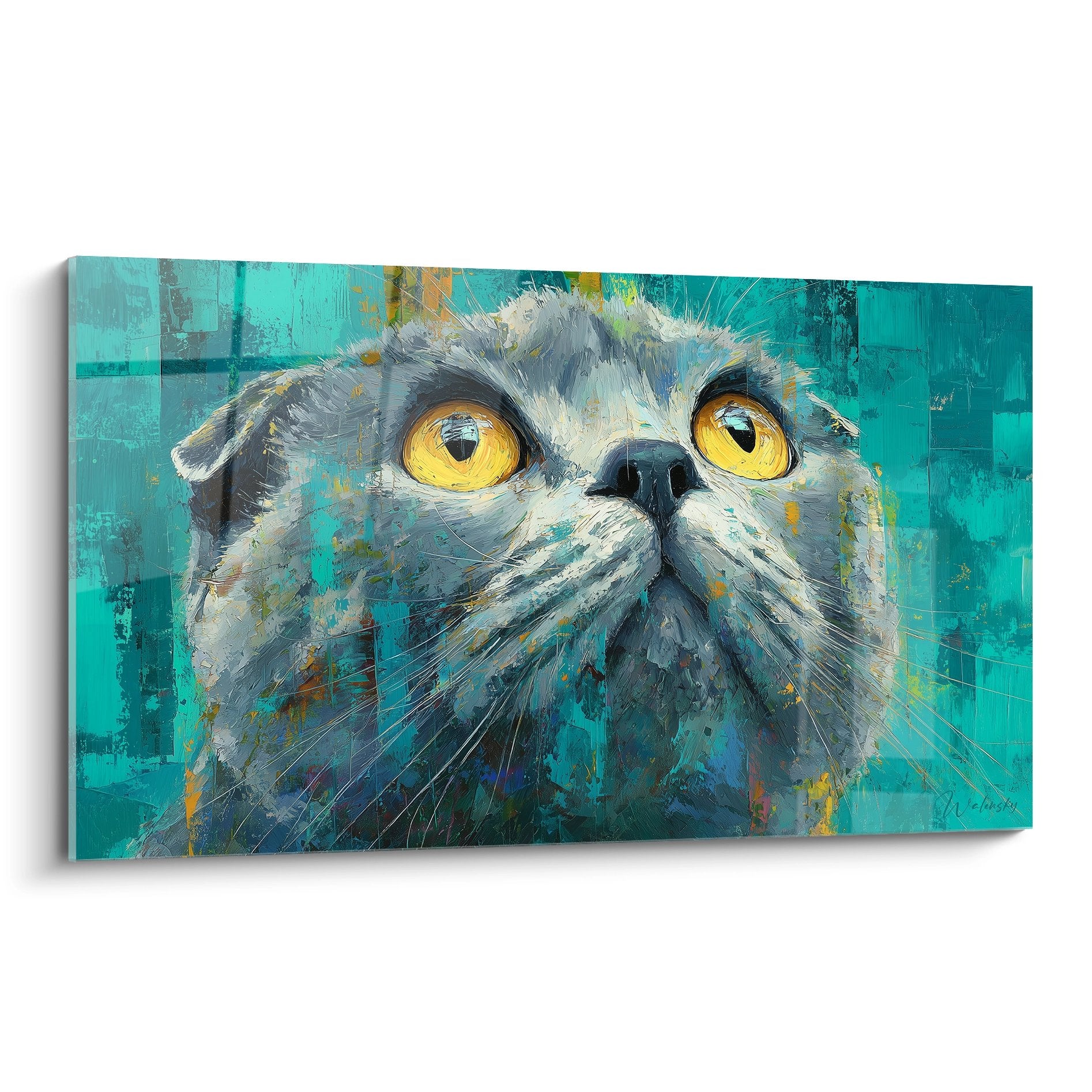 Modern Scottish Fold cat painting with golden eyes on turquoise background, contemporary feline wall art