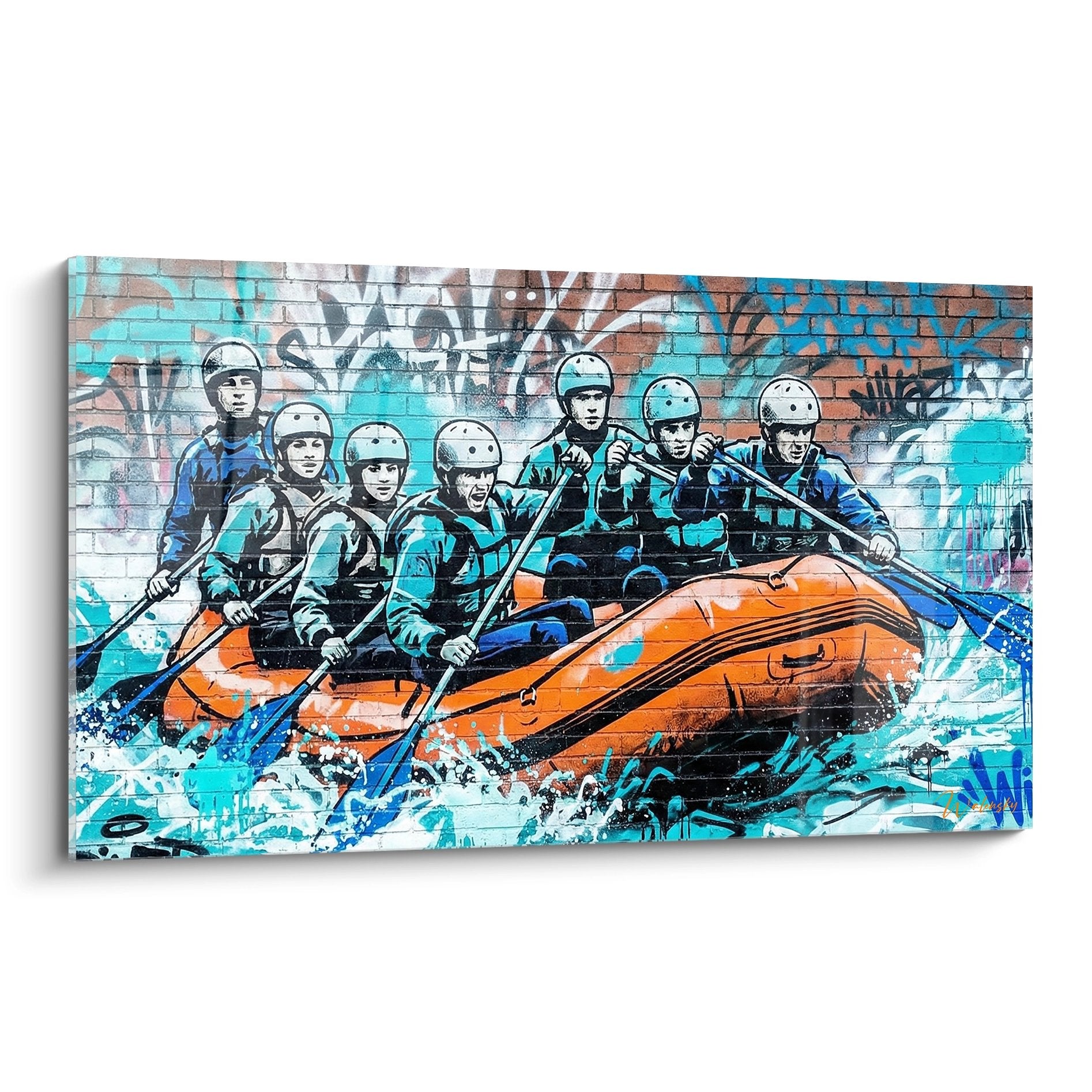 Quadro arte urbana rafting team di otto persone su zattera arancione in acque tumultuose stile street art