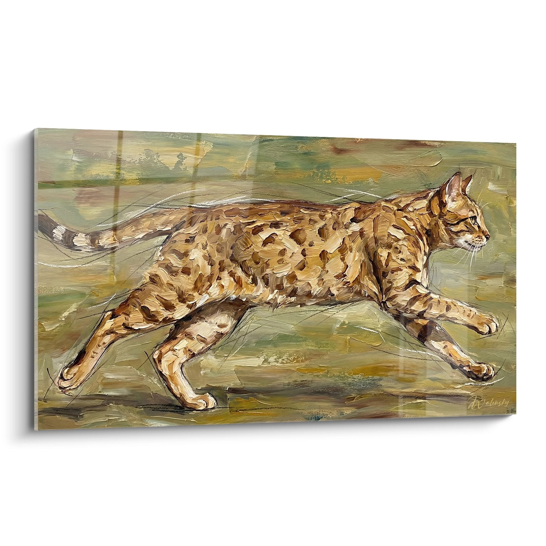 Tableau peinture chat Ocicat tachete en pleine course sur fond beige et vert, art felin mouvement dynamique