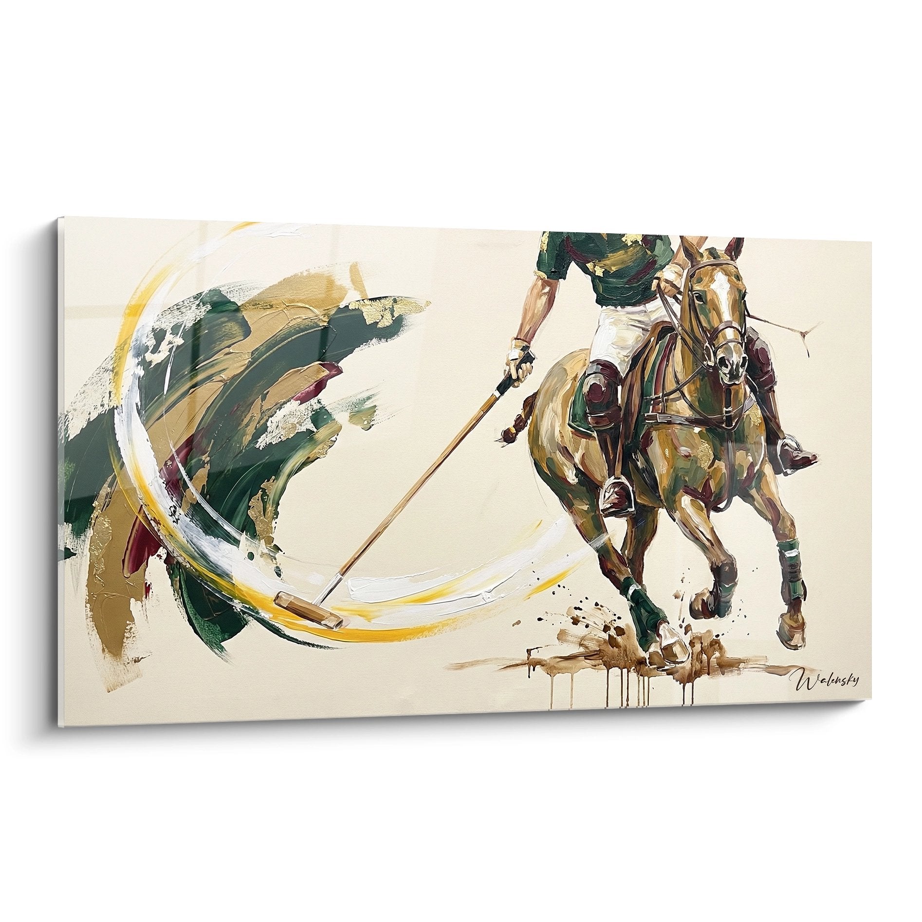 Modern polo painting with rider and galloping horse, contemporary equestrian art in green and gold tones