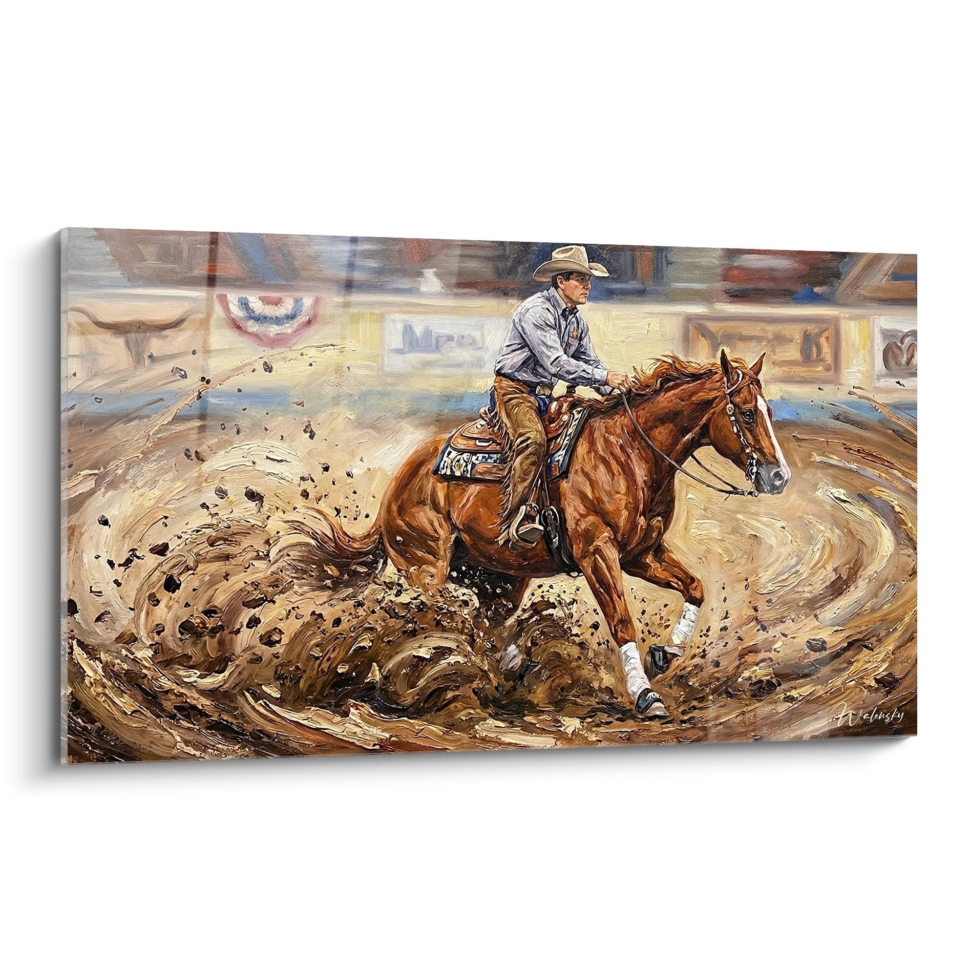 Tableau reining western montrant cavalier et cheval executant une glisse parfaite dans arene de rodeo avec poussiere