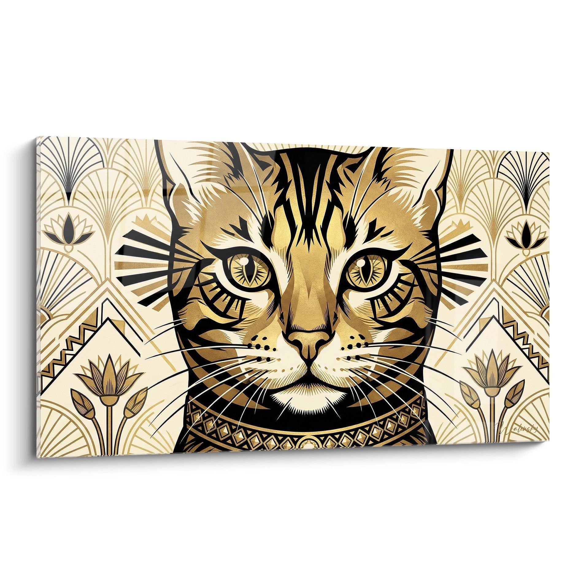 Tableau chat Bengal style art deco avec motifs egyptiens dores sur fond creme et noir decoration murale