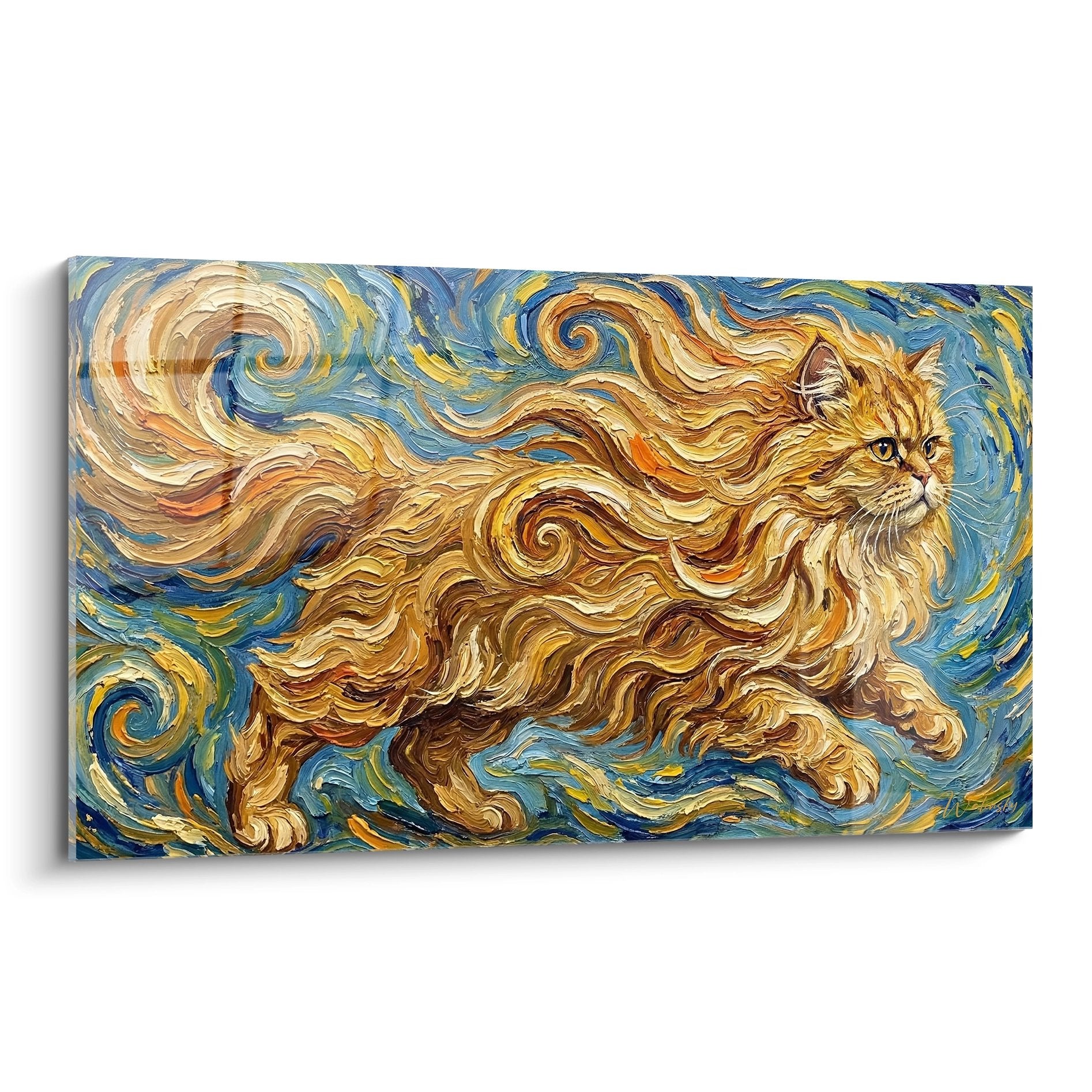 Persian cat painting Van Gogh style with golden and blue swirls, decorative feline wall art