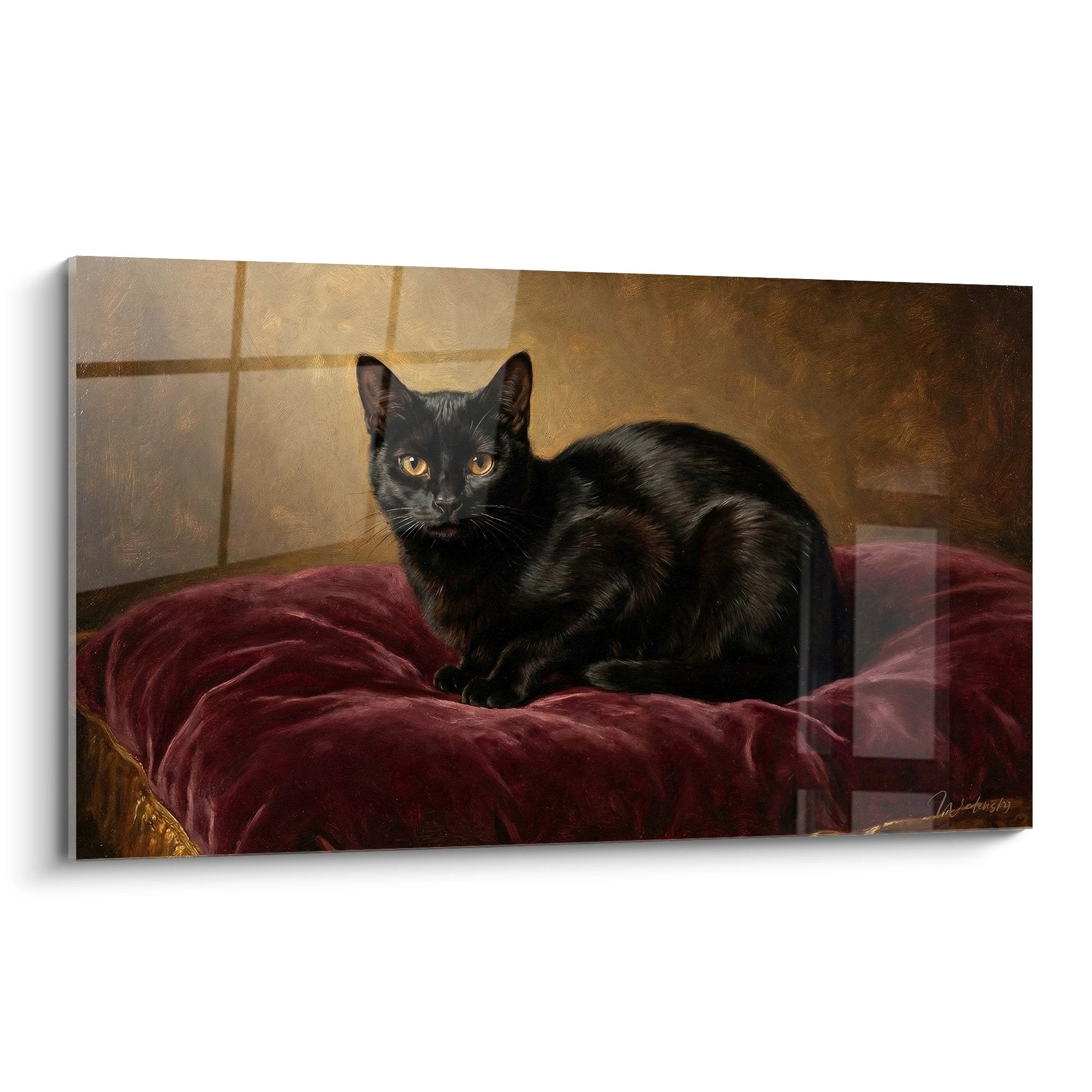 Tableau art mural chat noir aux yeux dores pose sur coussin velours bordeaux style elegant decoration